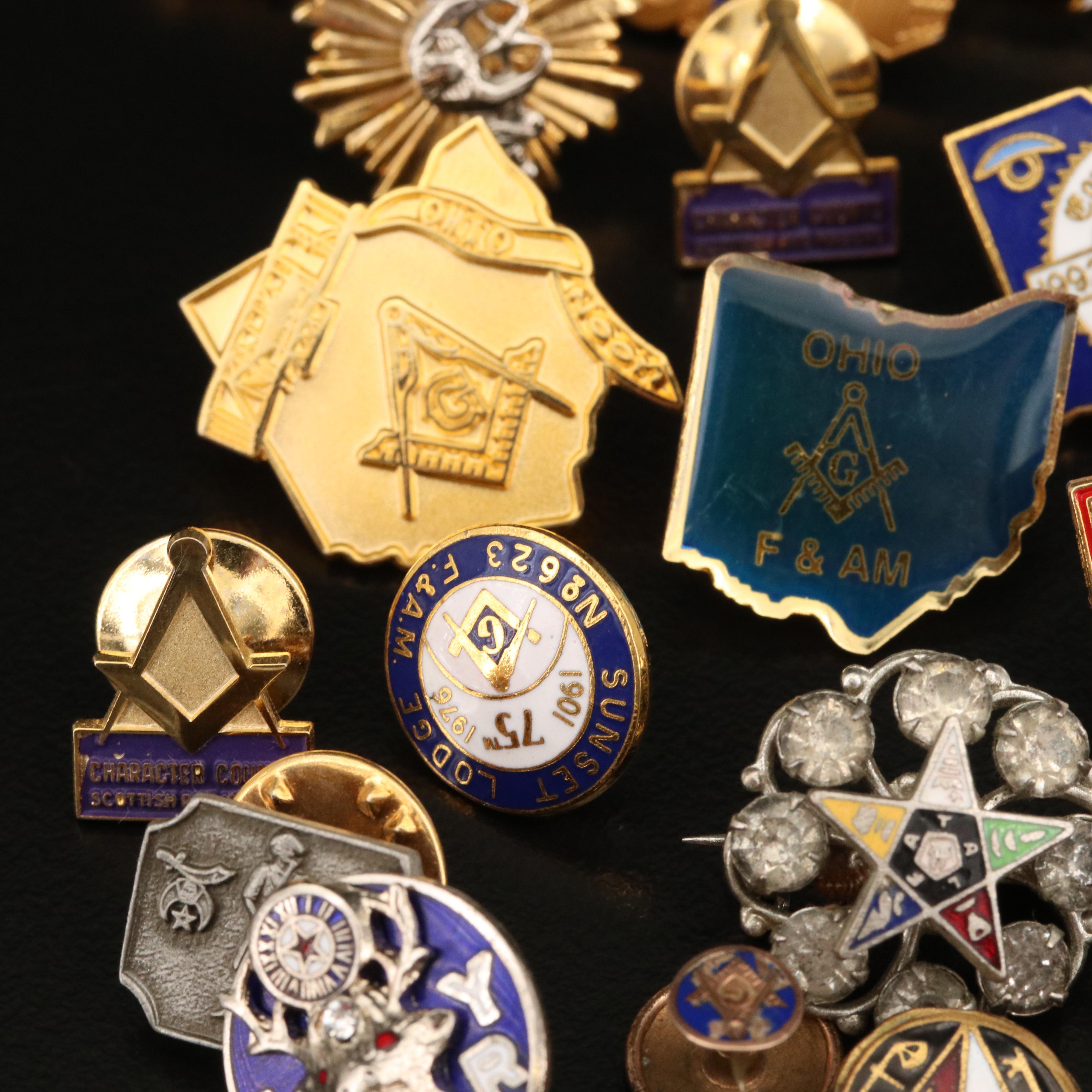 Freemason, Elks Lodge and Shriner Pins with Sterling and F.H.C. Pendant