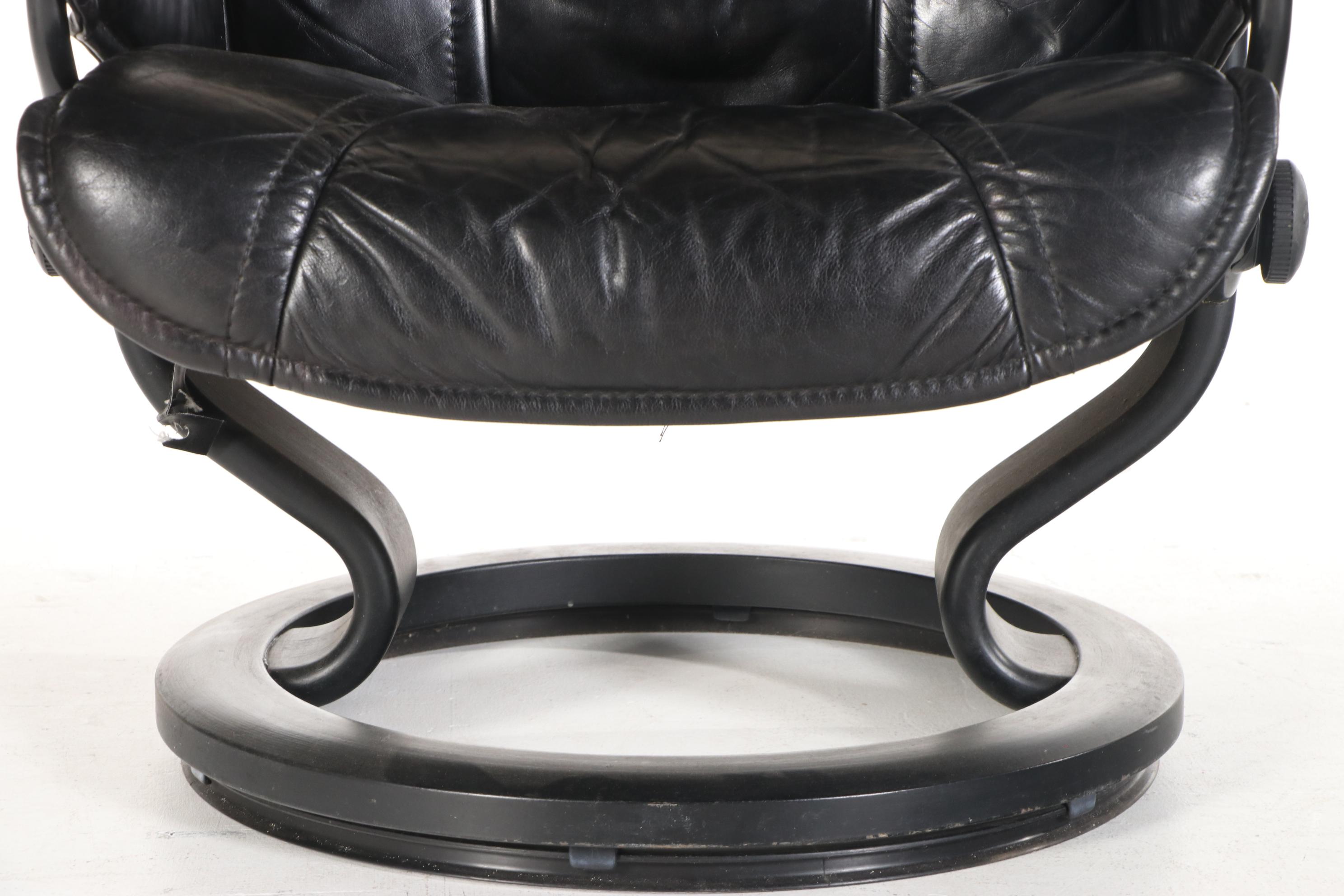 Ekornes "Stressless" Black Leather Lounge Chair with Ottoman