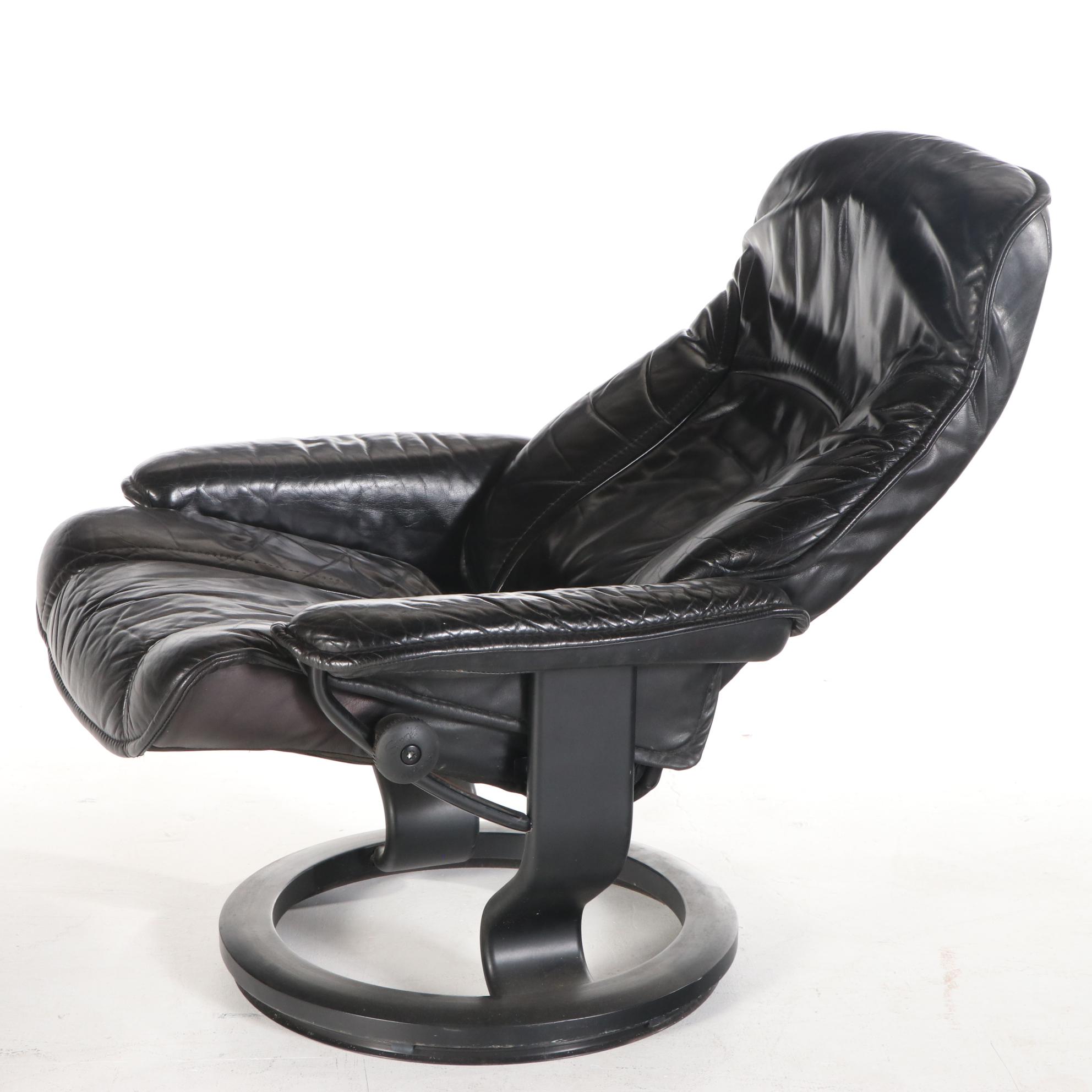 Ekornes "Stressless" Black Leather Lounge Chair with Ottoman