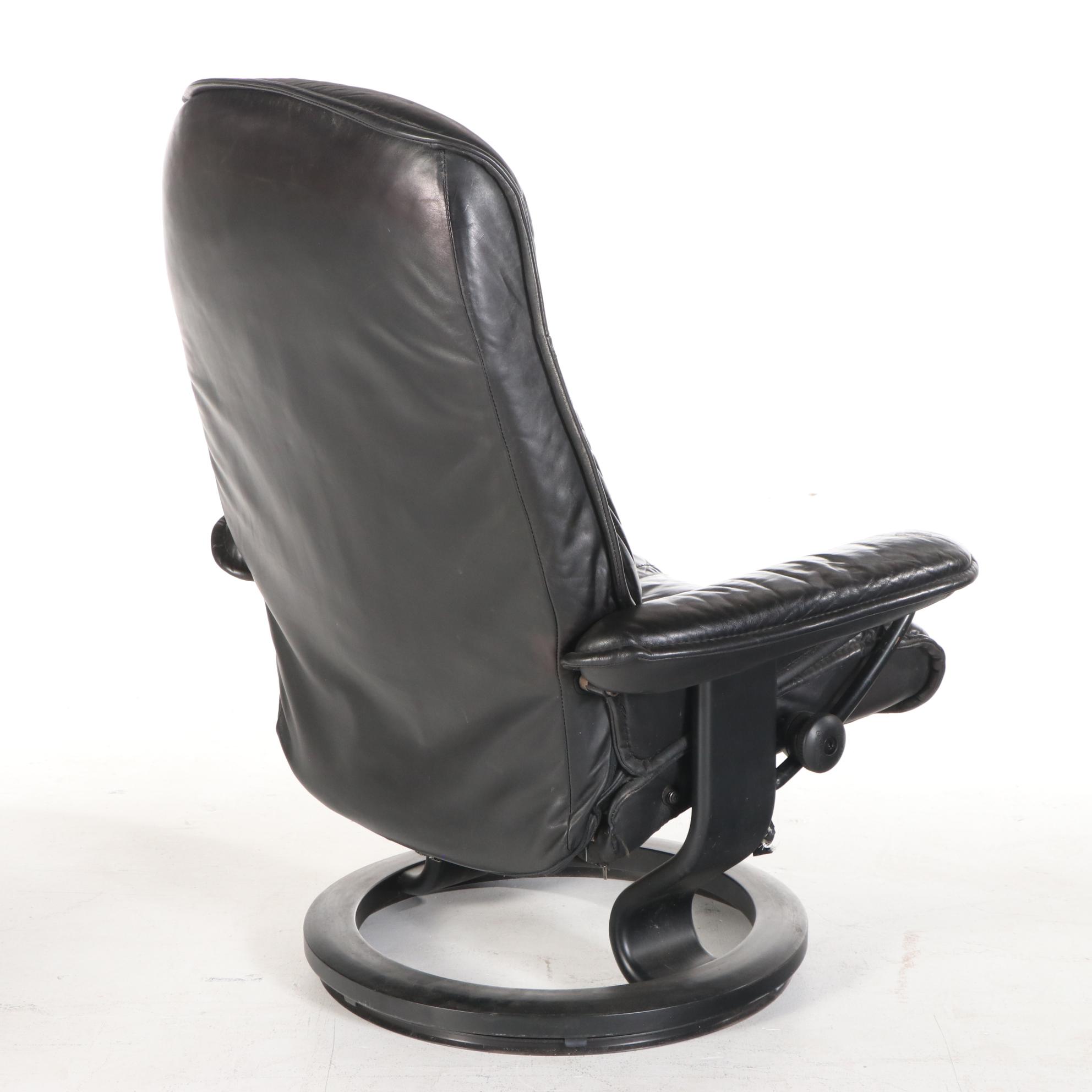 Ekornes "Stressless" Black Leather Lounge Chair with Ottoman