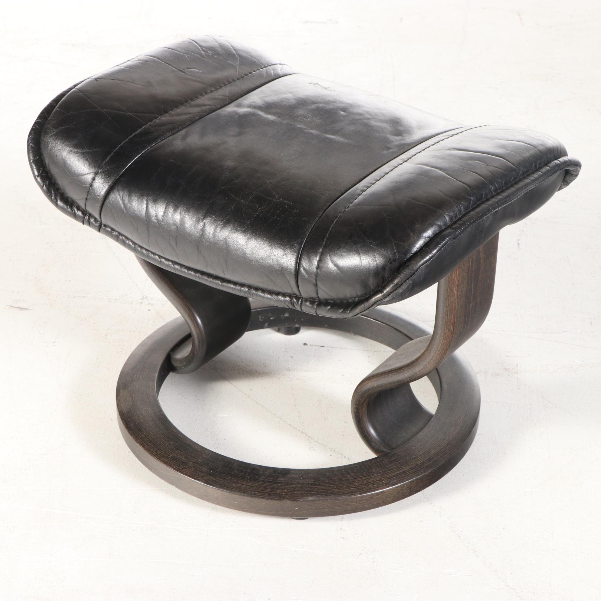 Ekornes "Stressless" Black Leather Lounge Chair with Ottoman
