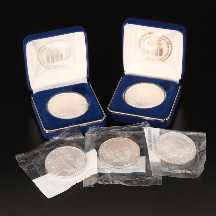 Five American Silver Eagle $1 Bullion Coins