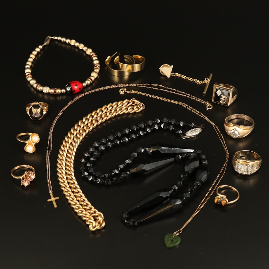 Gold-Filled Jewelry Selection Including Black Onyx Bead Necklace and Curb Chain