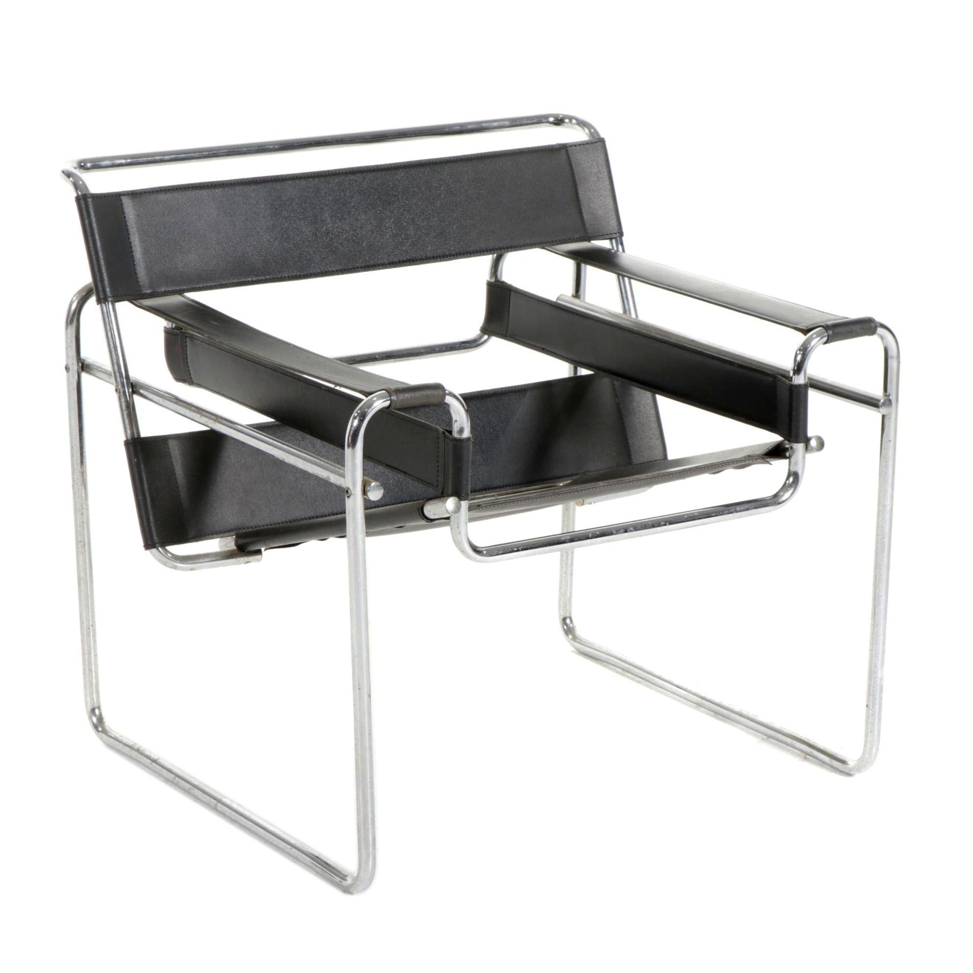 Mid Century Modern Style Chrome and Leather Strap Armchair, after Marcel Breuer
