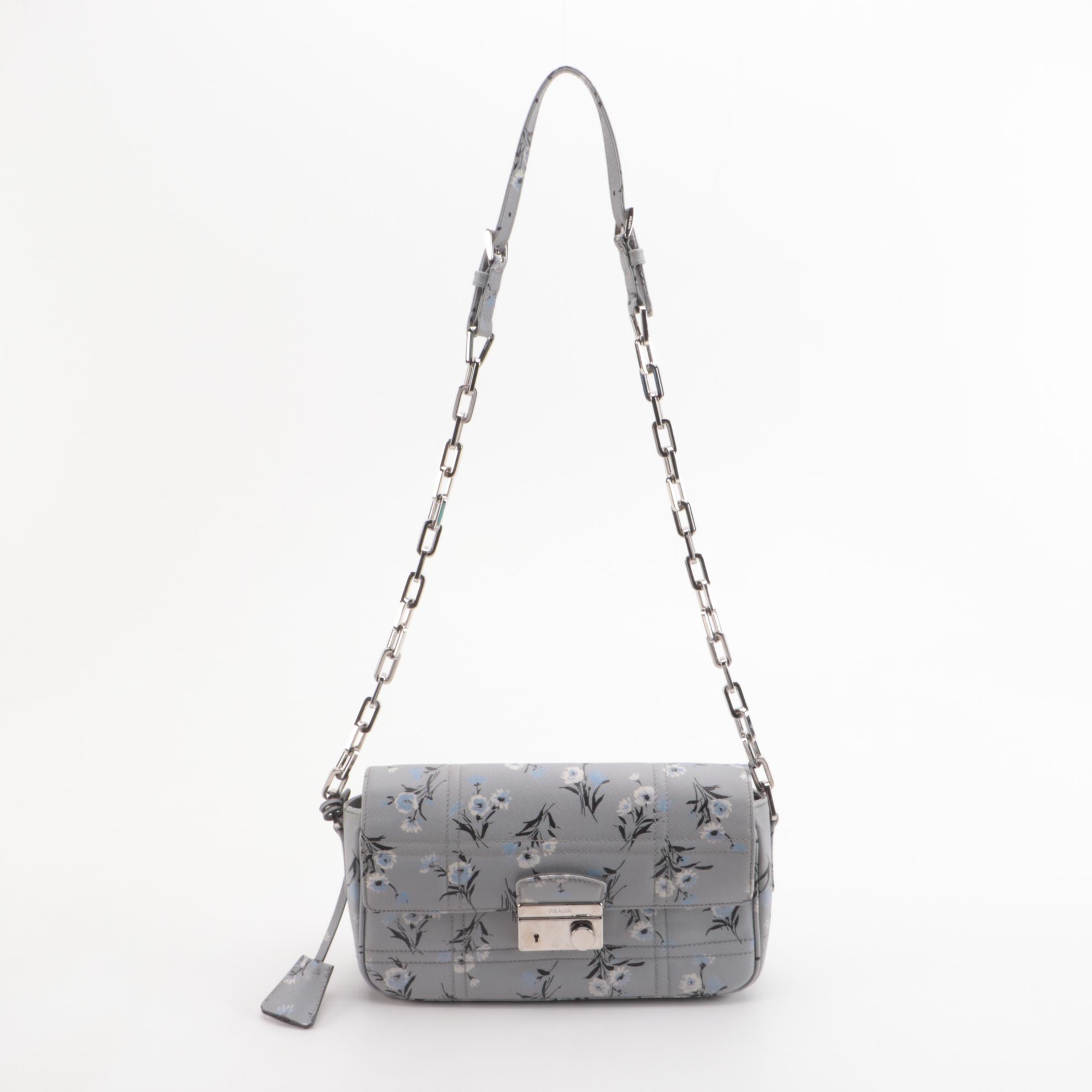 Prada Floral Acciaio Saffiano Leather Front Flap Chain Bag