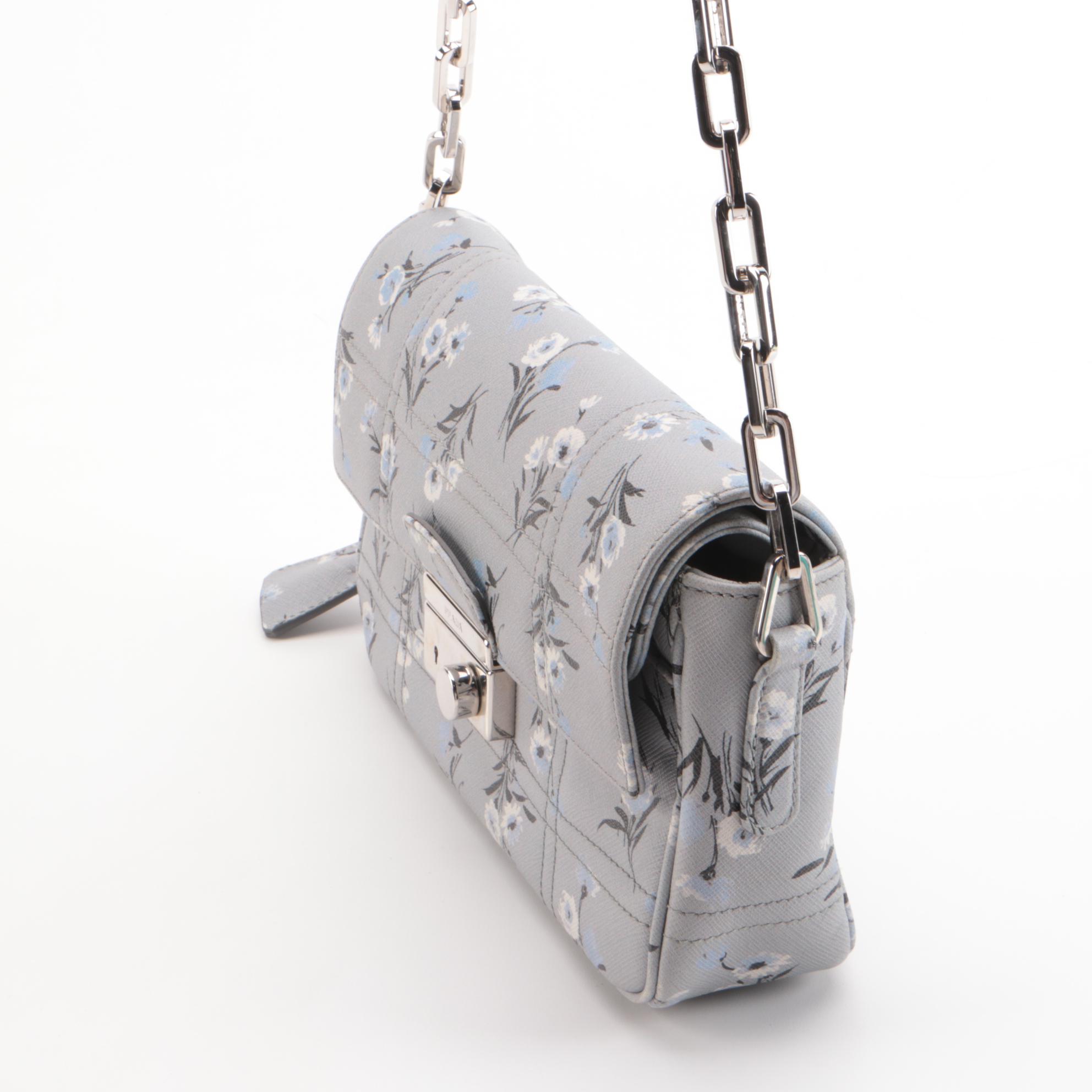 Prada Floral Acciaio Saffiano Leather Front Flap Chain Bag