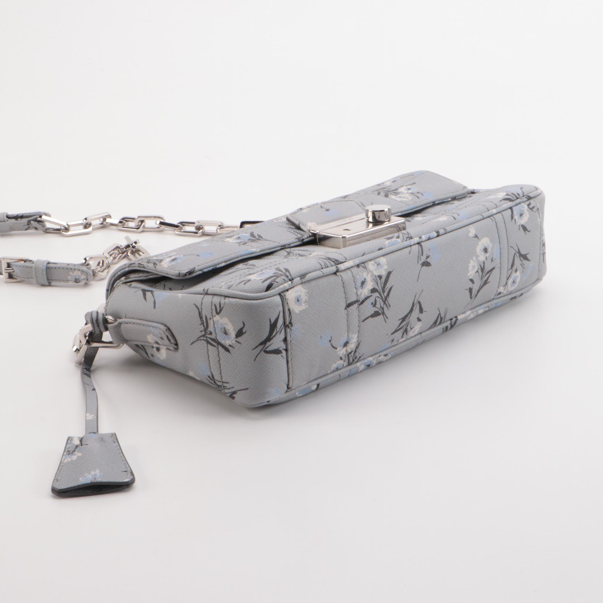 Prada Floral Acciaio Saffiano Leather Front Flap Chain Bag