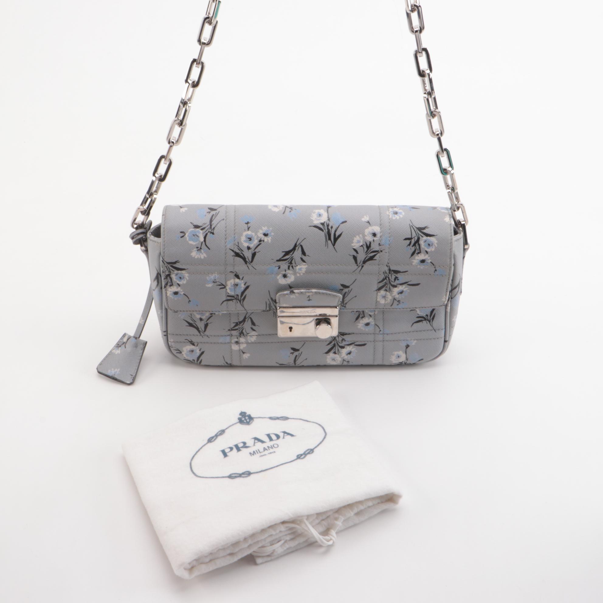Prada Floral Acciaio Saffiano Leather Front Flap Chain Bag