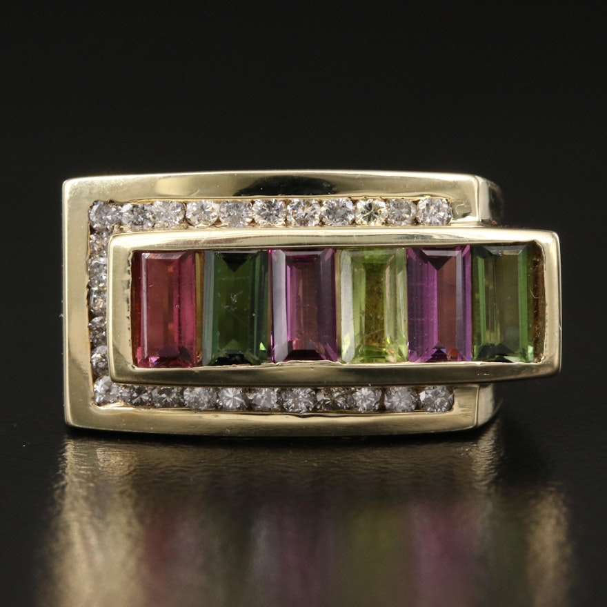 14K Channel Set Diamond and Gemstone Asymmetrical Ring