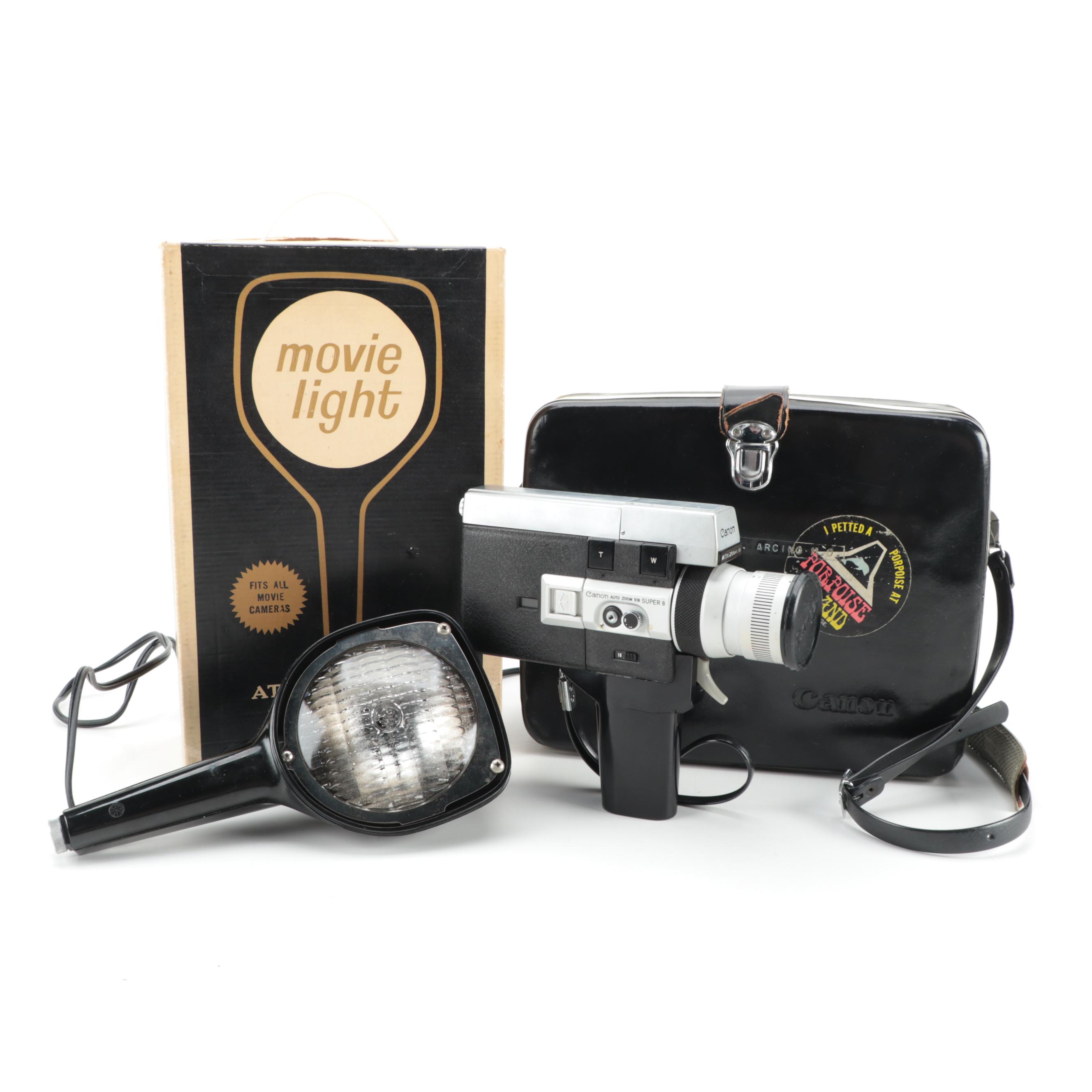 Canon "518 Auto Zoom Super 8" Movie Camera with Atlas-Warner Movie Light