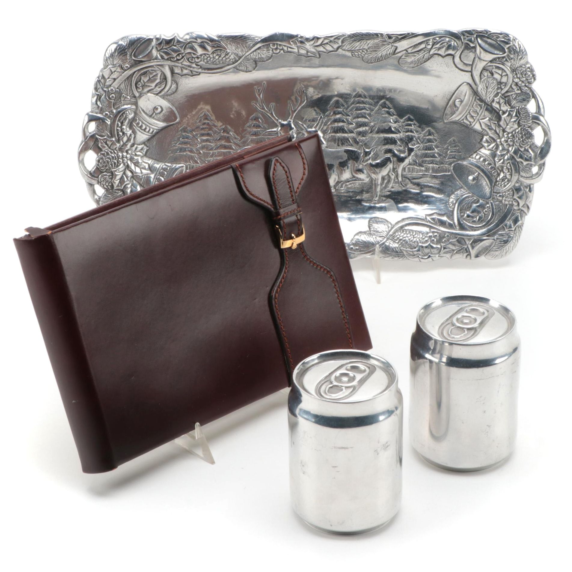 Conduit Soda Can Motif Paperweights and Rolex Notepad with Arthur Court Tray