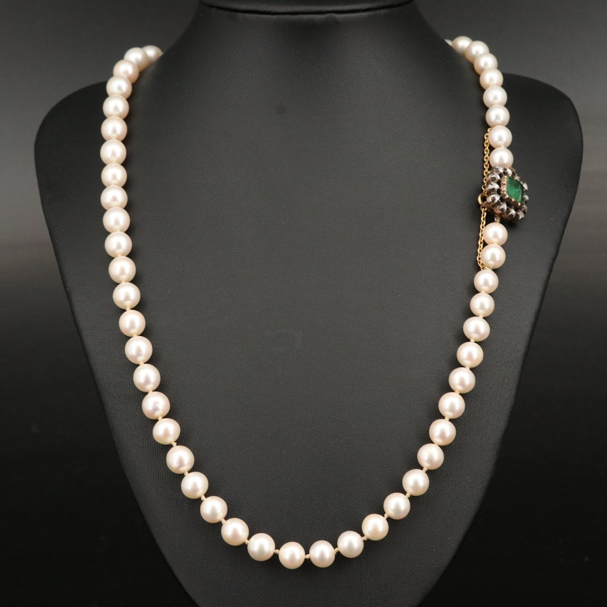 Pearl Necklace with 18K and Sterling Diamond and Emerald Clasp