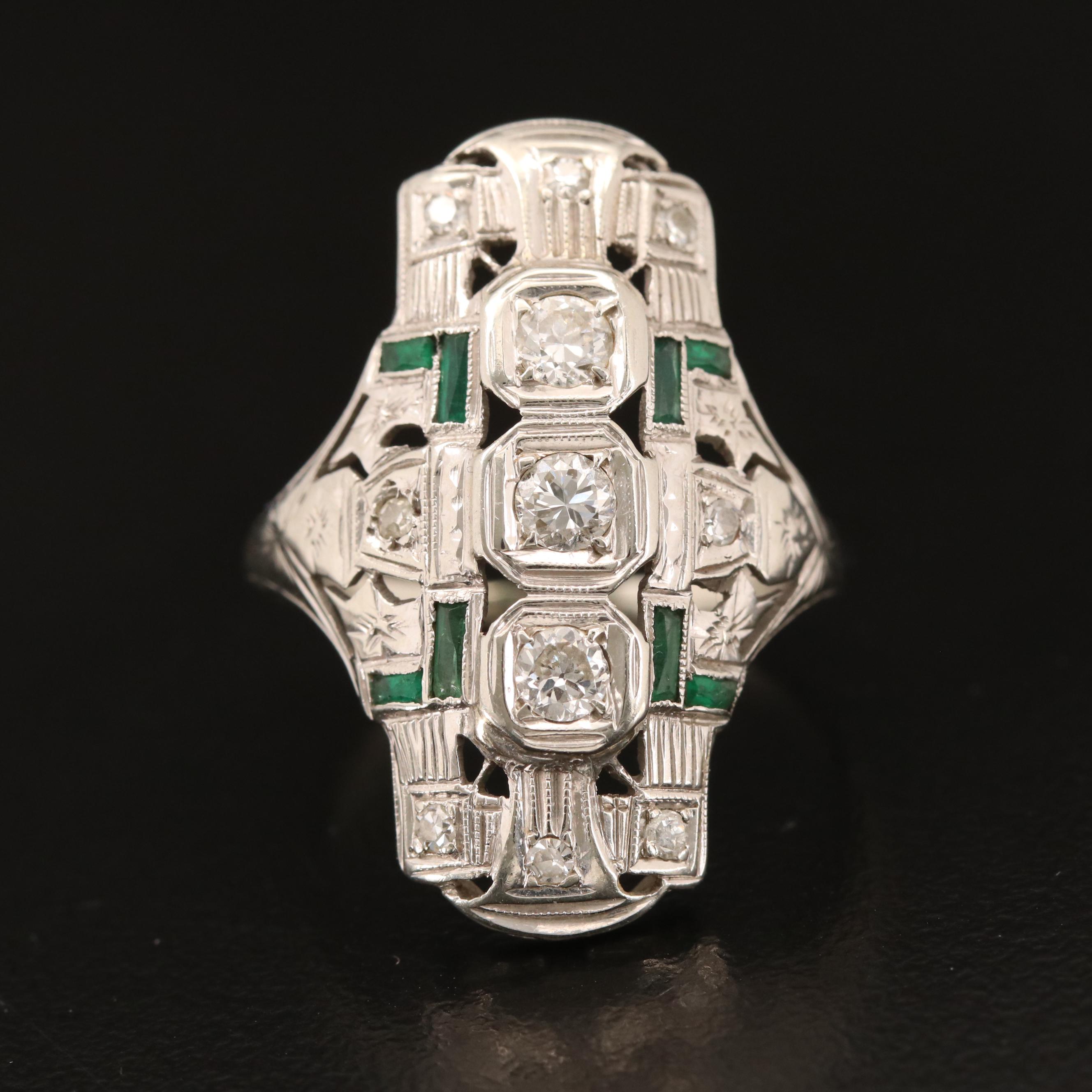 Vintage Style 14K Diamond and Glass Ring with Ring Box