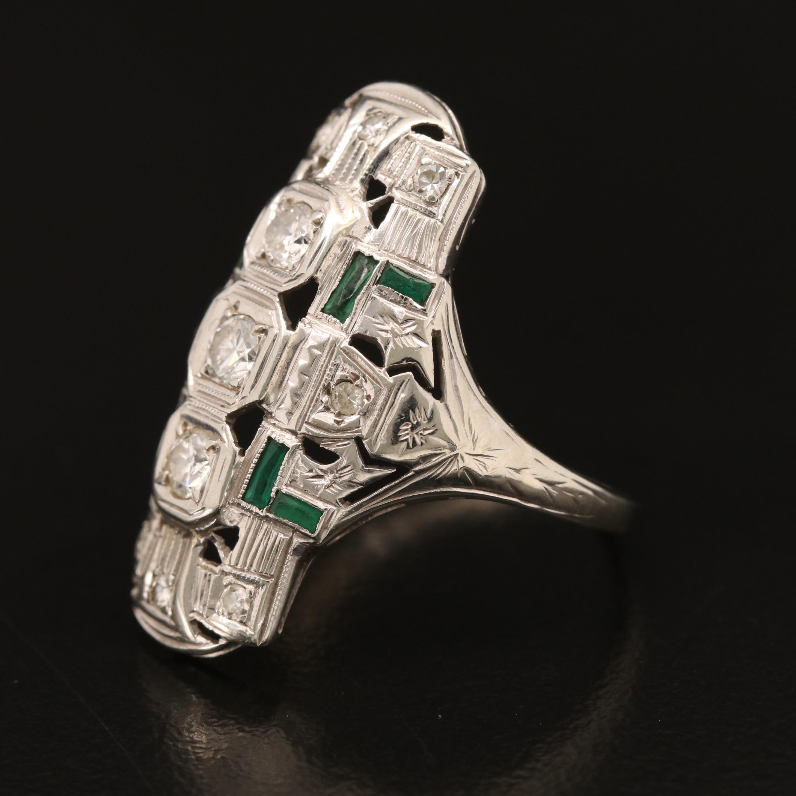 Vintage Style 14K Diamond and Glass Ring with Ring Box