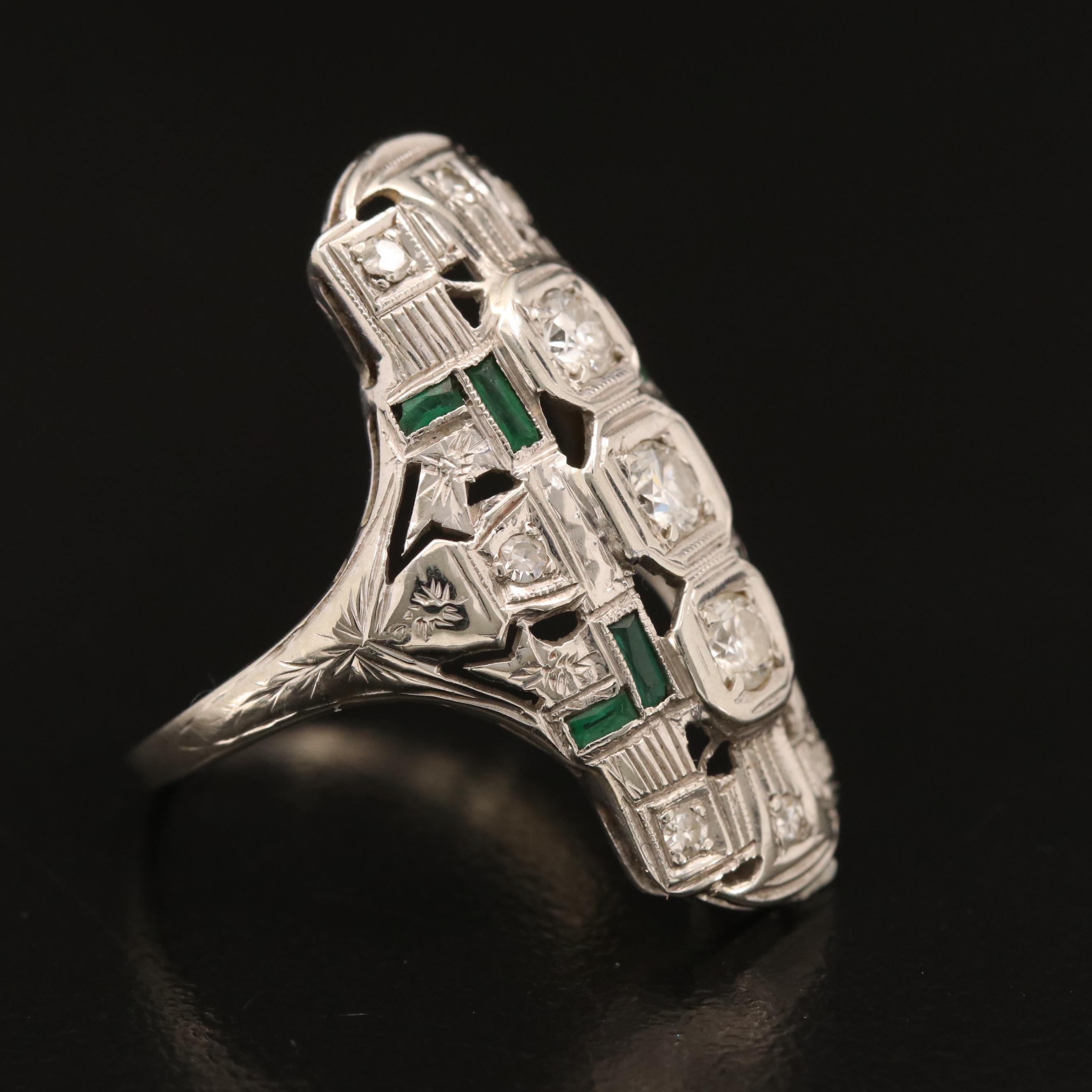 Vintage Style 14K Diamond and Glass Ring with Ring Box