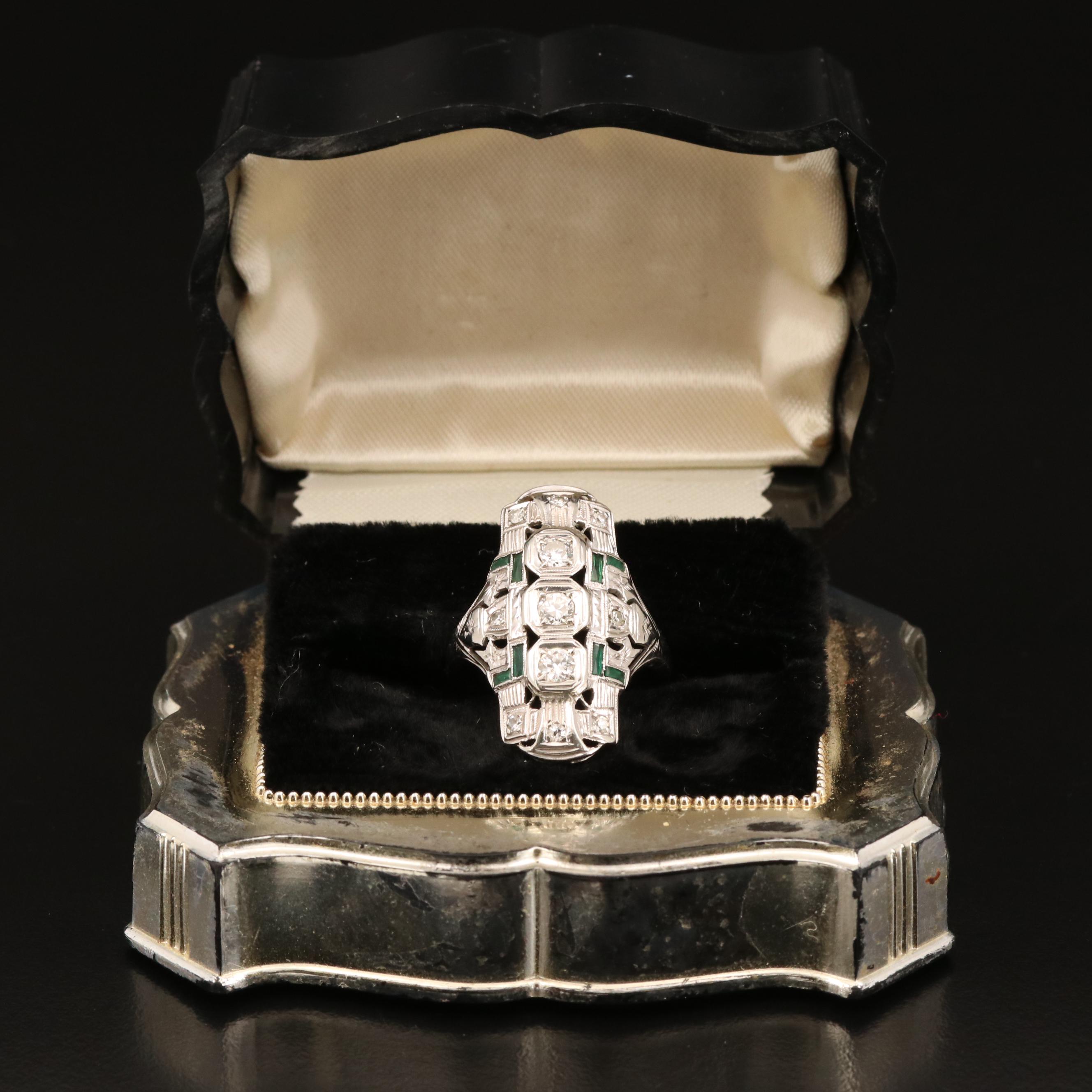 Vintage Style 14K Diamond and Glass Ring with Ring Box