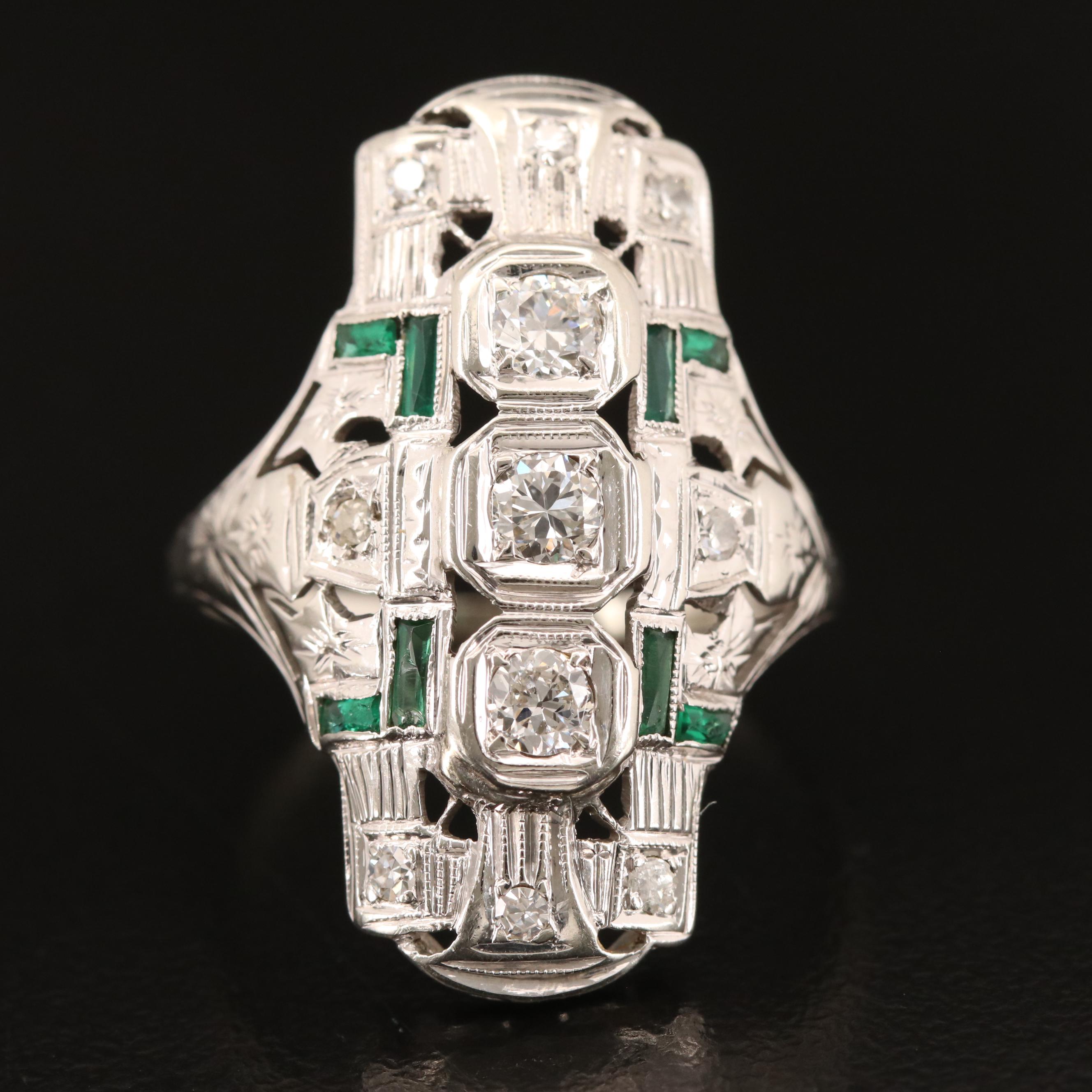 Vintage Style 14K Diamond and Glass Ring with Ring Box