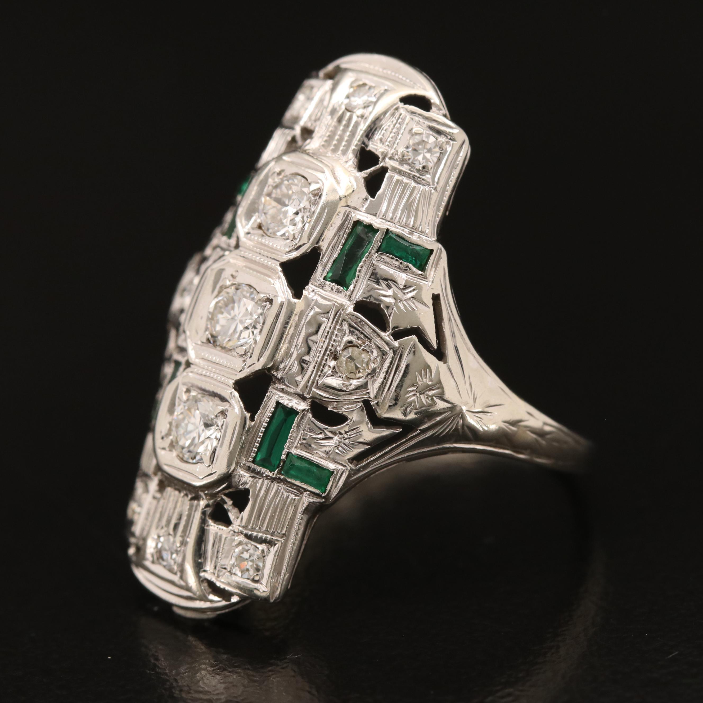 Vintage Style 14K Diamond and Glass Ring with Ring Box