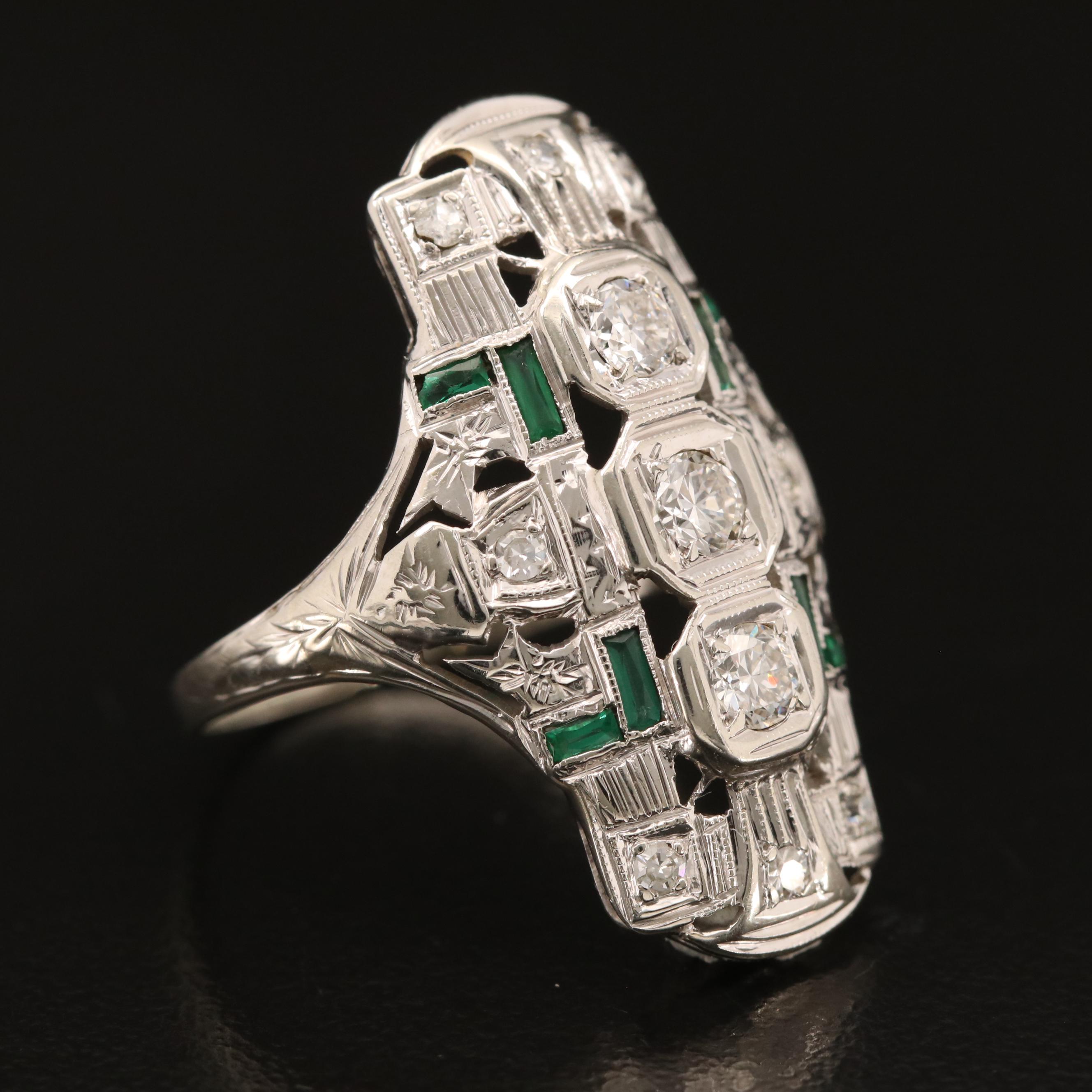 Vintage Style 14K Diamond and Glass Ring with Ring Box