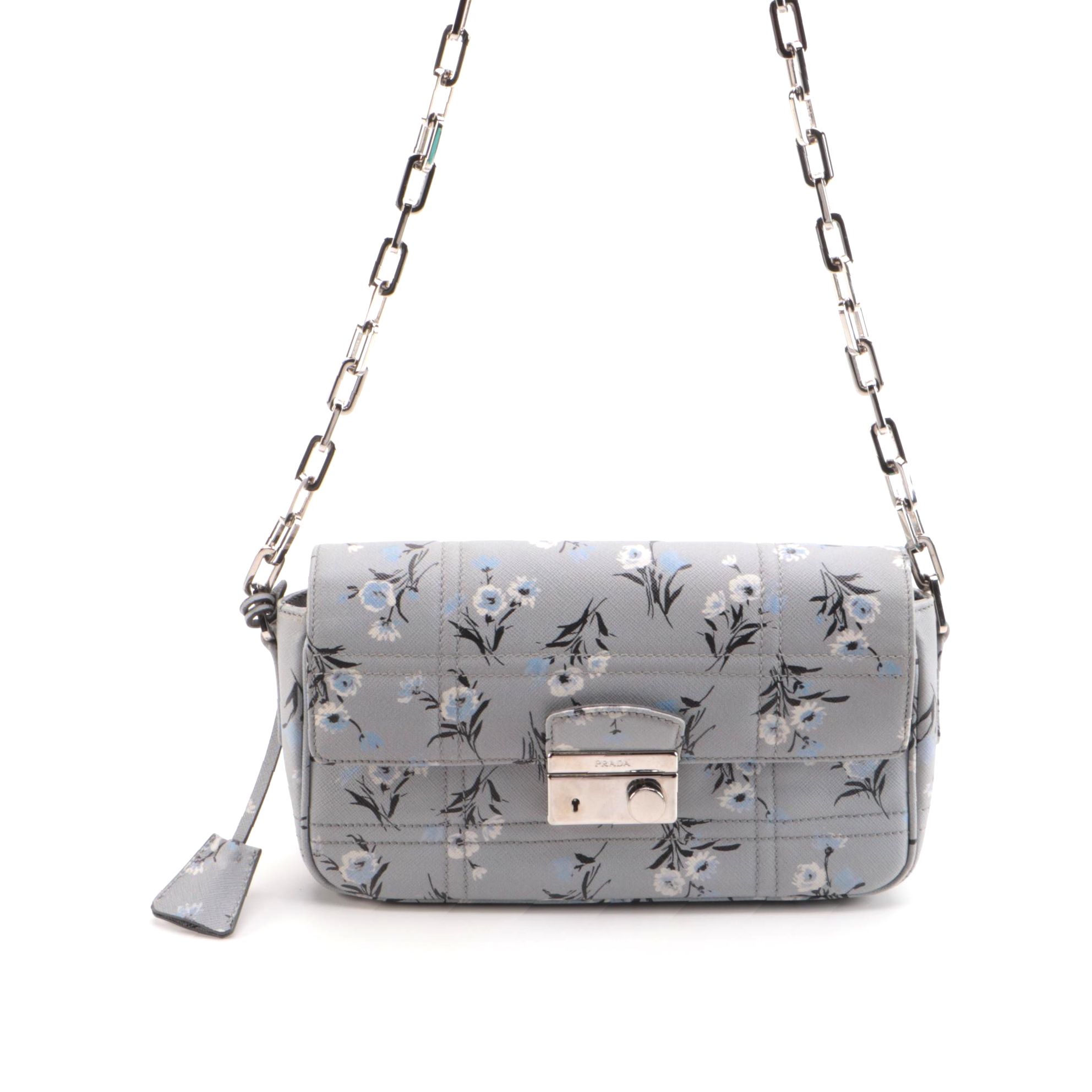 Prada Floral Acciaio Saffiano Leather Front Flap Chain Bag