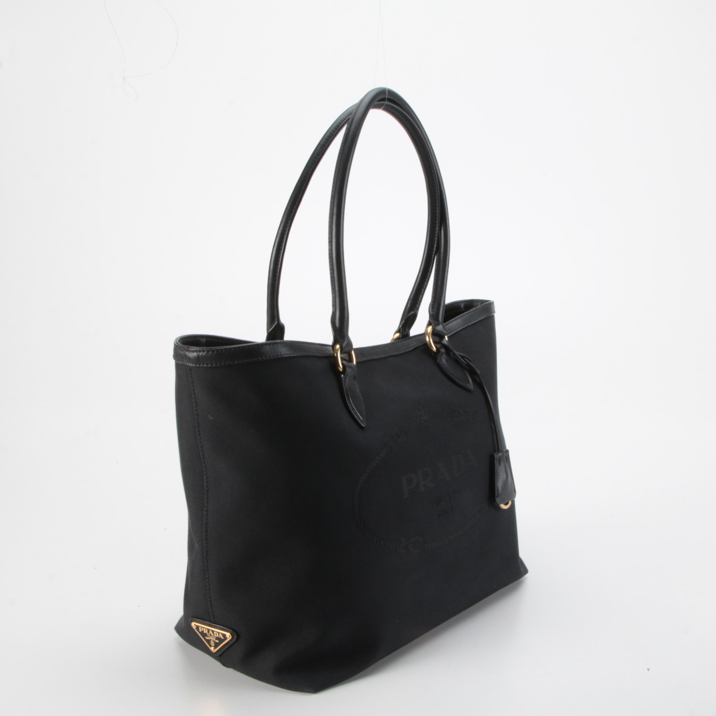 Prada Black Jacquard Logo Tote Bag with Leather Trim