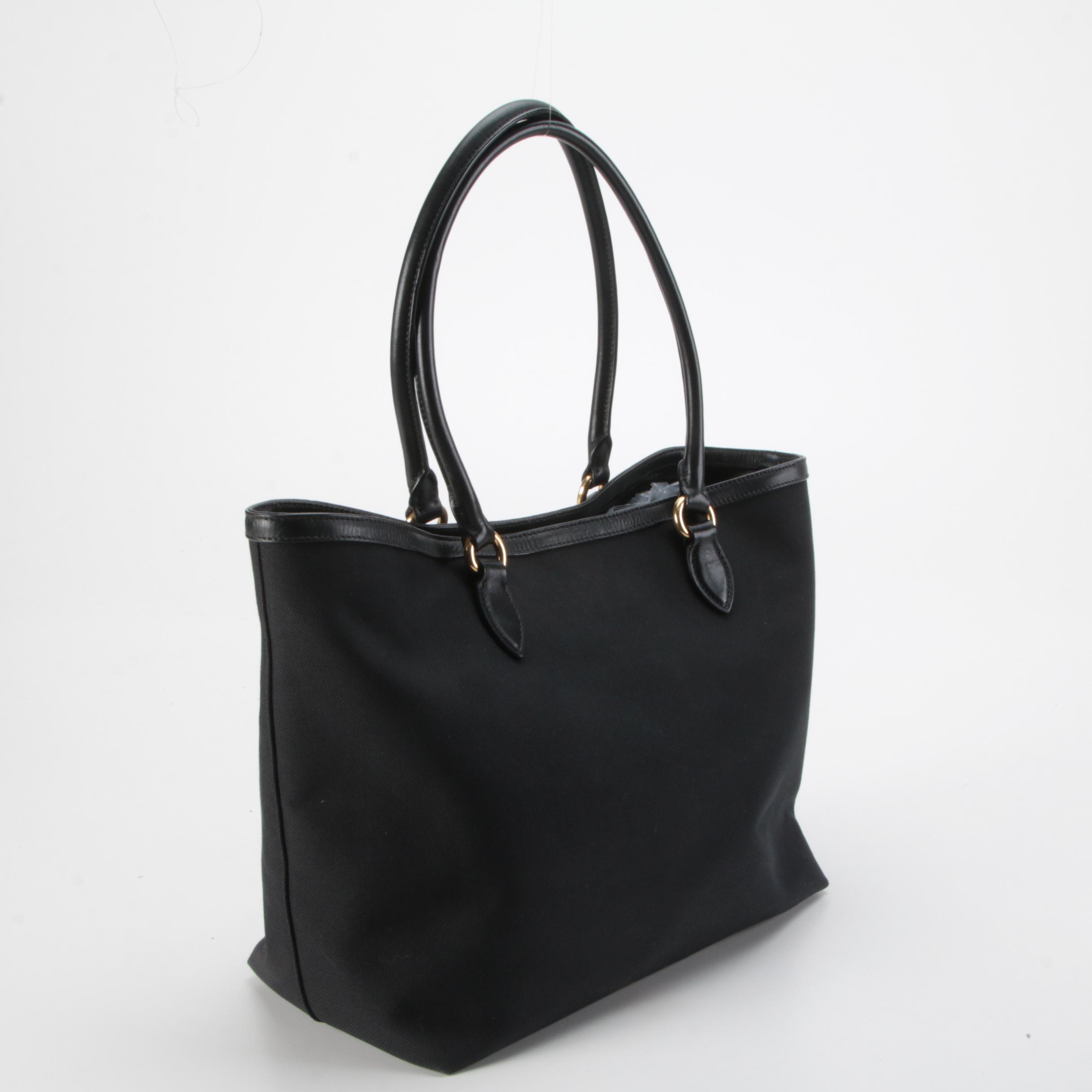 Prada Black Jacquard Logo Tote Bag with Leather Trim