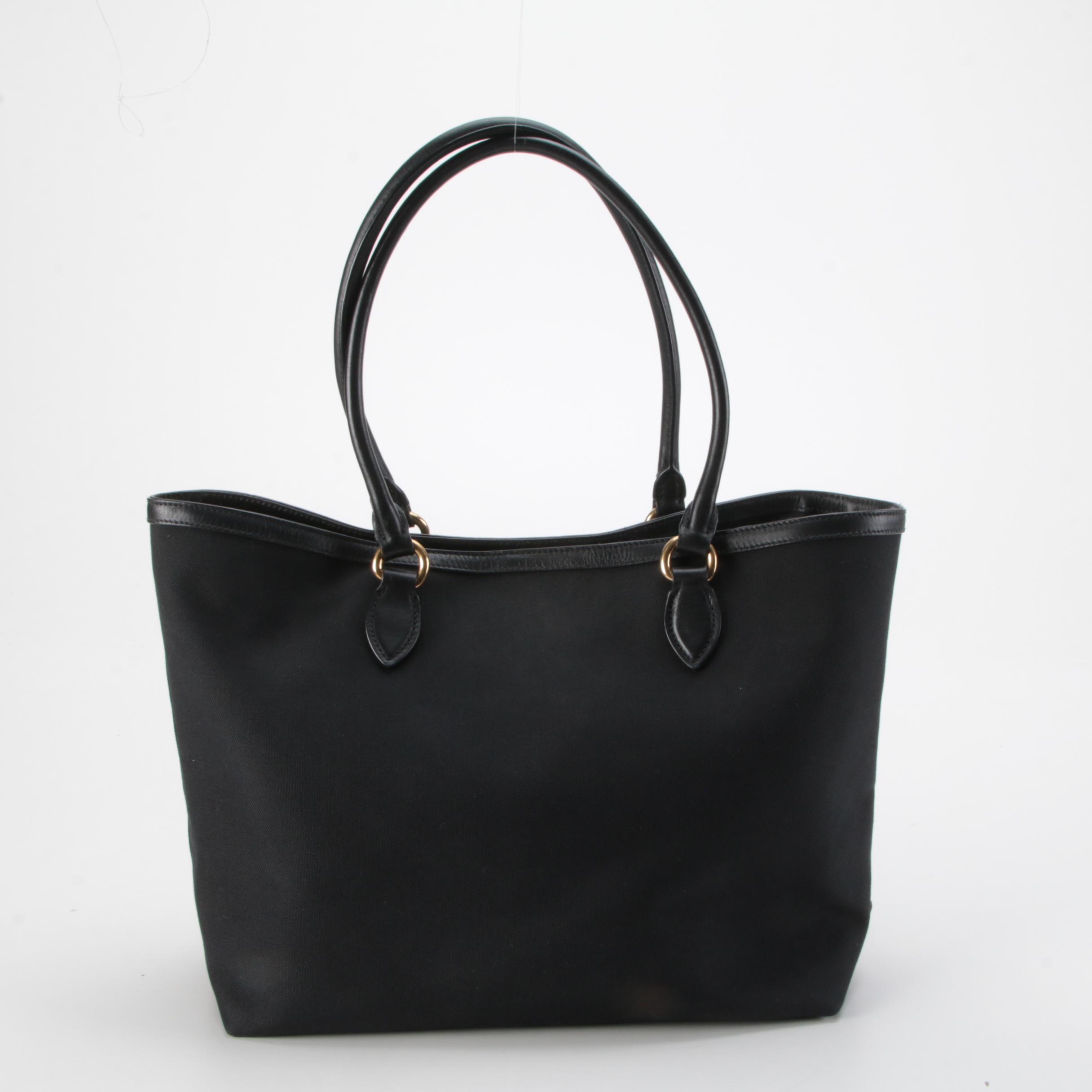 Prada Black Jacquard Logo Tote Bag with Leather Trim