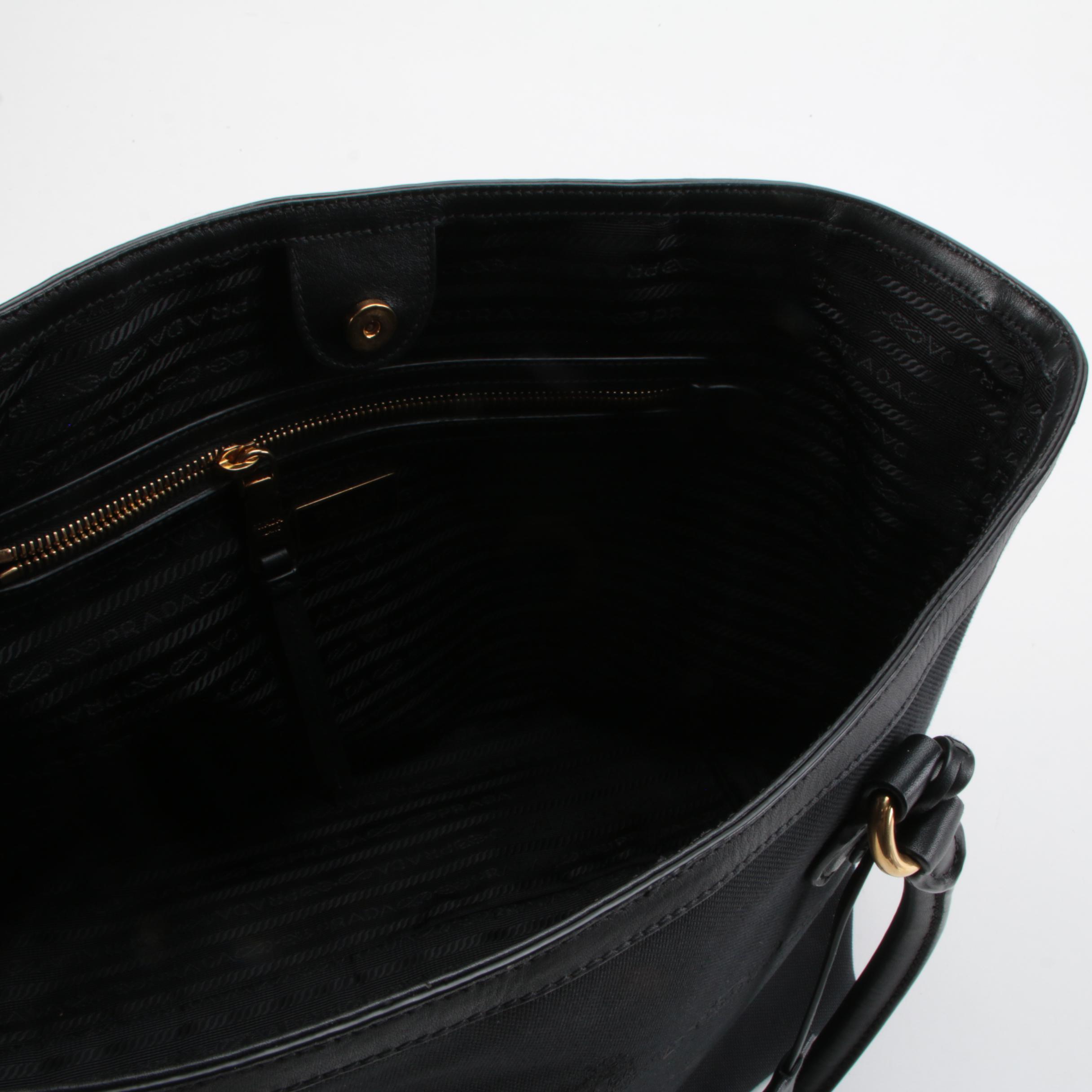 Prada Black Jacquard Logo Tote Bag with Leather Trim