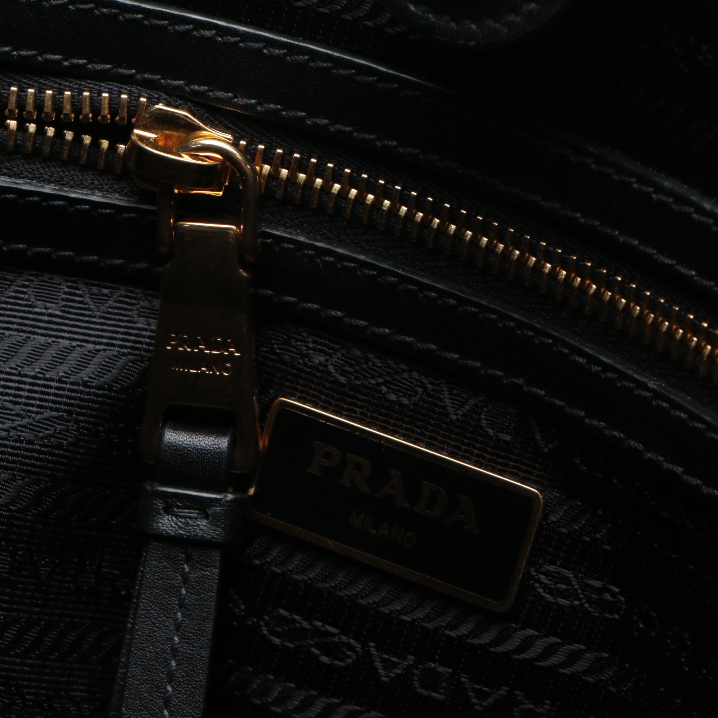 Prada Black Jacquard Logo Tote Bag with Leather Trim