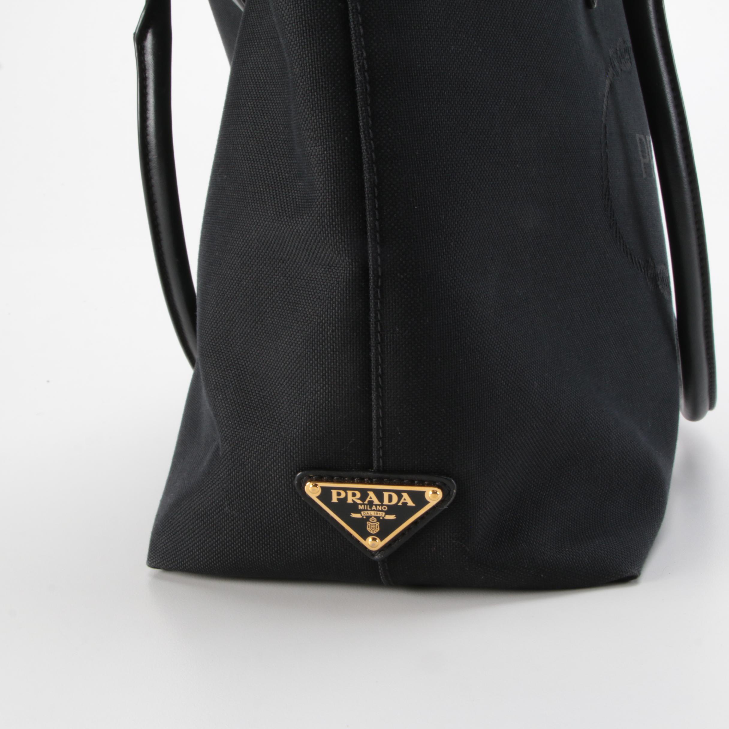Prada Black Jacquard Logo Tote Bag with Leather Trim
