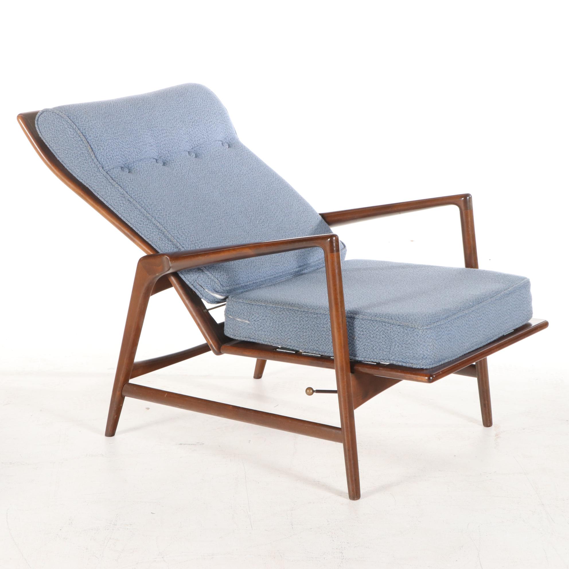 Ib Kofod-Larsen for Selig Danish Modern Reclining Lounge Chair with Ottoman
