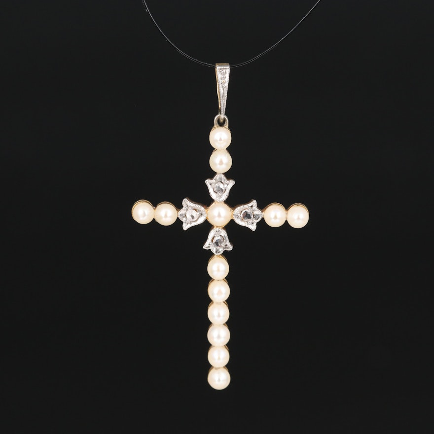 18K Pearl and Diamond Cross Pendant