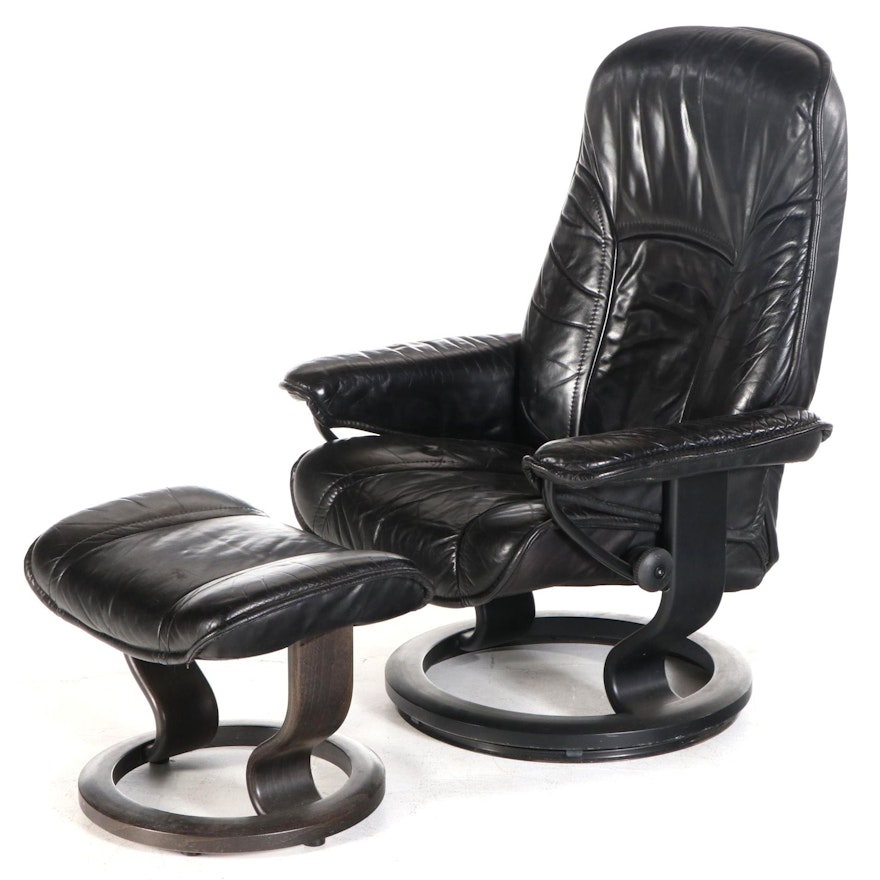 Ekornes "Stressless" Black Leather Lounge Chair with Ottoman