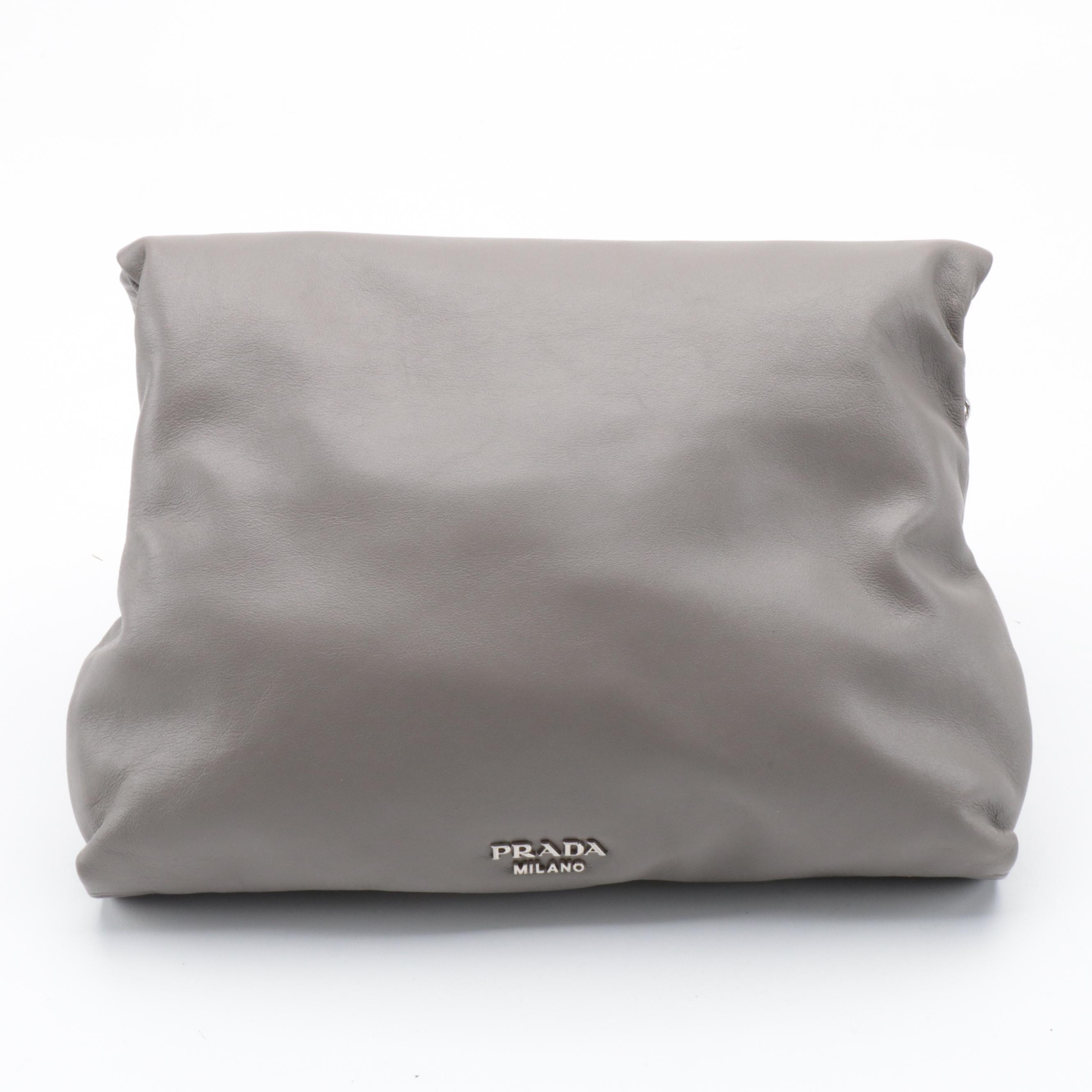 Prada Foldover Gray Leather Chain Strap Shoulder Bag