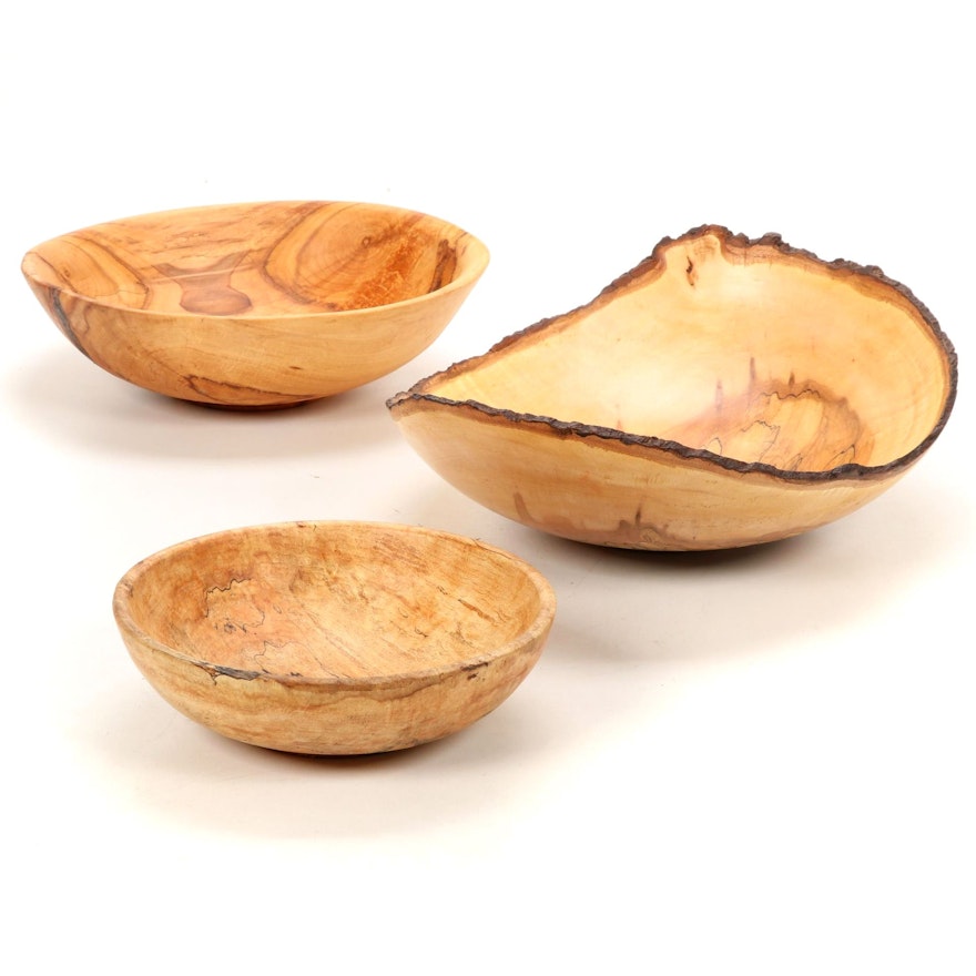 Jim Eliopulos Turned Live Edge Maple and Maple Burl Wood Free-Form Bowls