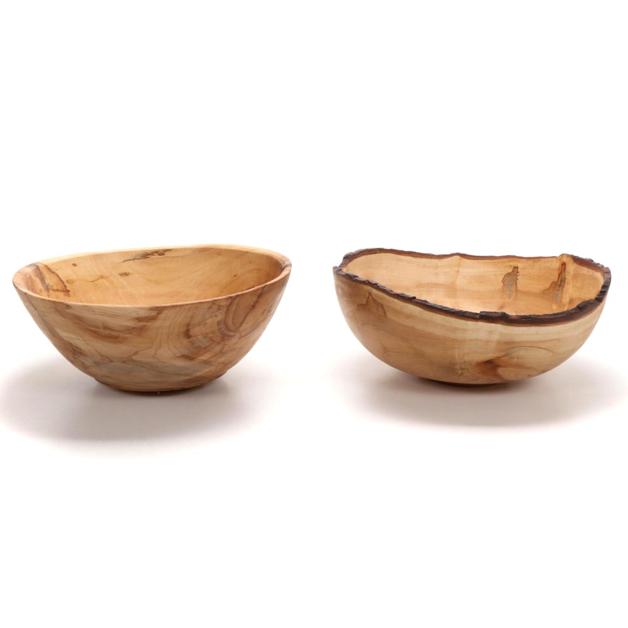 Jim Eliopulos Turned and Live Edge Maple and Spalted Maple Free-Form Wood Bowls