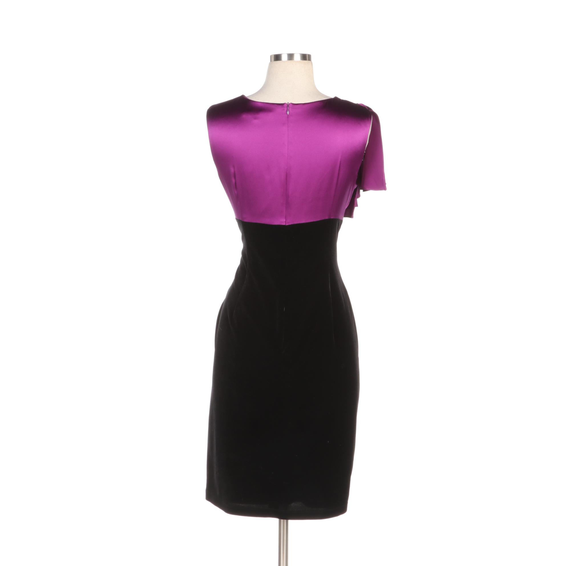 David Meister Purple Satin and Black Velveteen Cocktail Dress