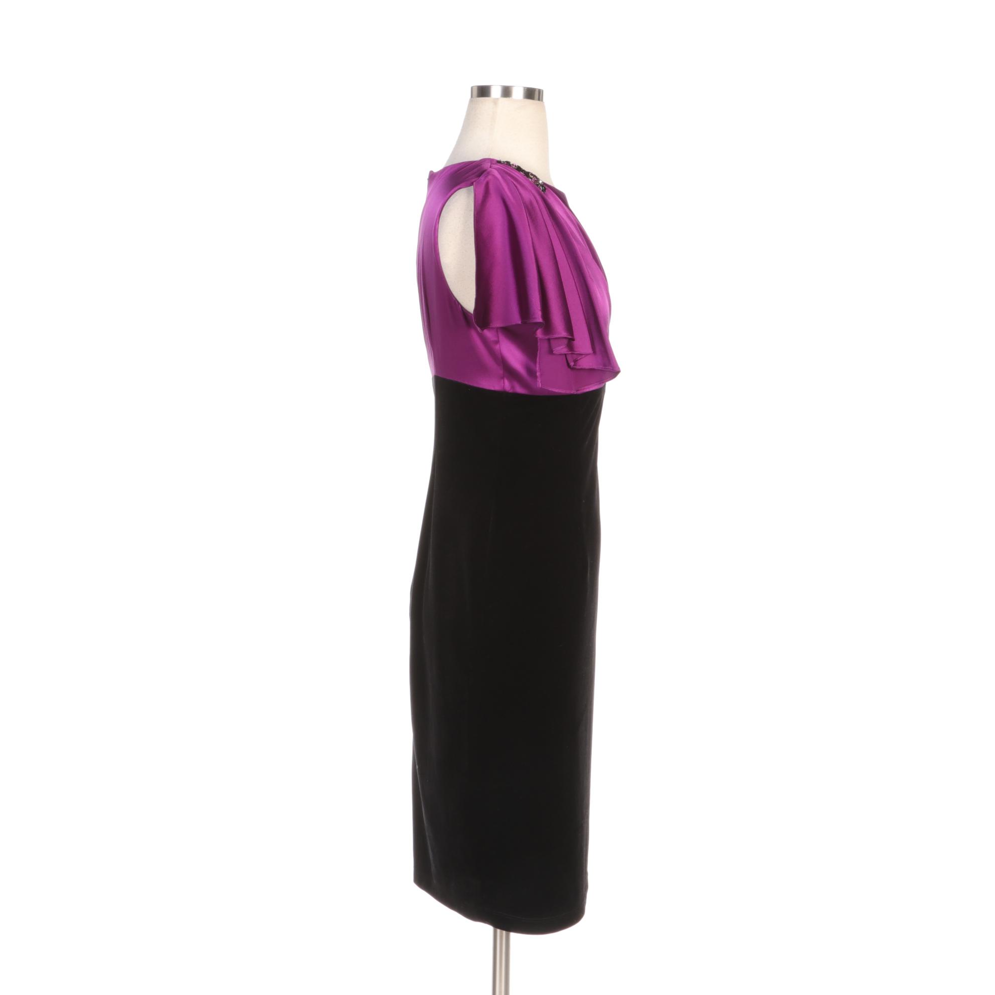 David Meister Purple Satin and Black Velveteen Cocktail Dress