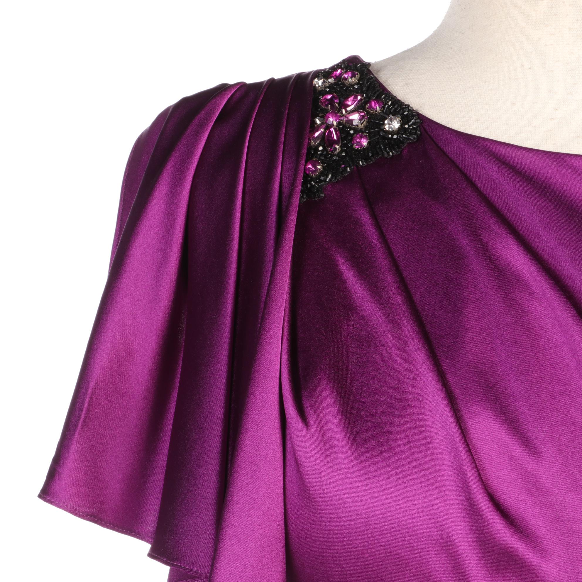 David Meister Purple Satin and Black Velveteen Cocktail Dress