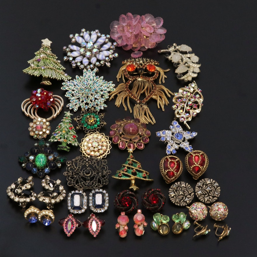Vintage Assorted Clip Earrings and Brooches Including Rhinestones and Sterling