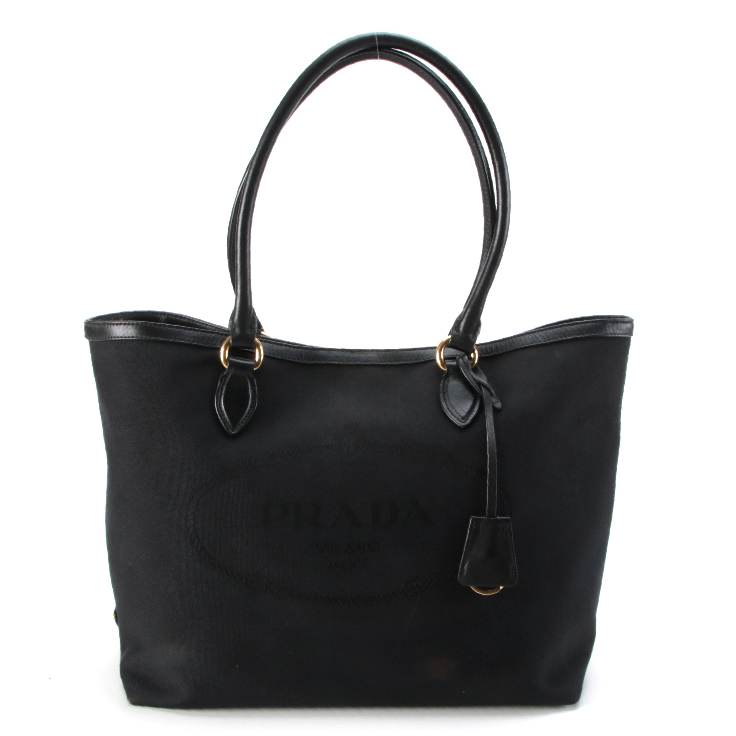 Prada Black Jacquard Logo Tote Bag with Leather Trim