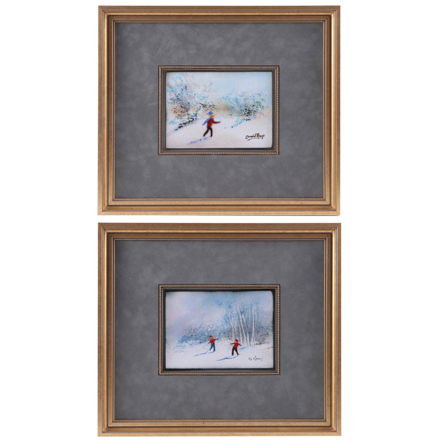 David Karp Enamel on Copper Paintings of Children Playing in Snow