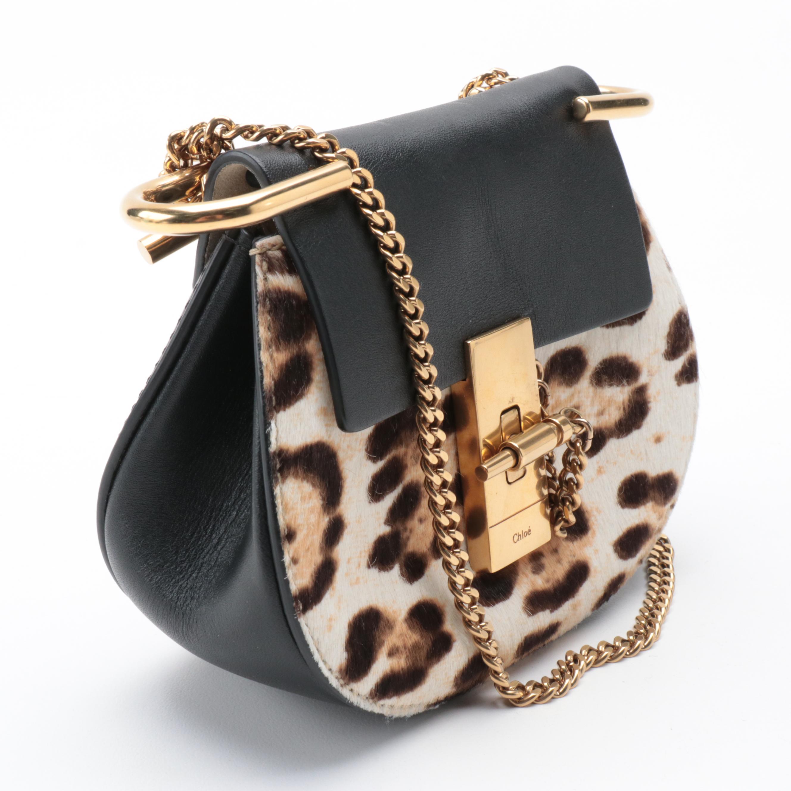 Chloé Drew Nano Crossbody Bag in Leopard Print Pony Hair and Black Leather