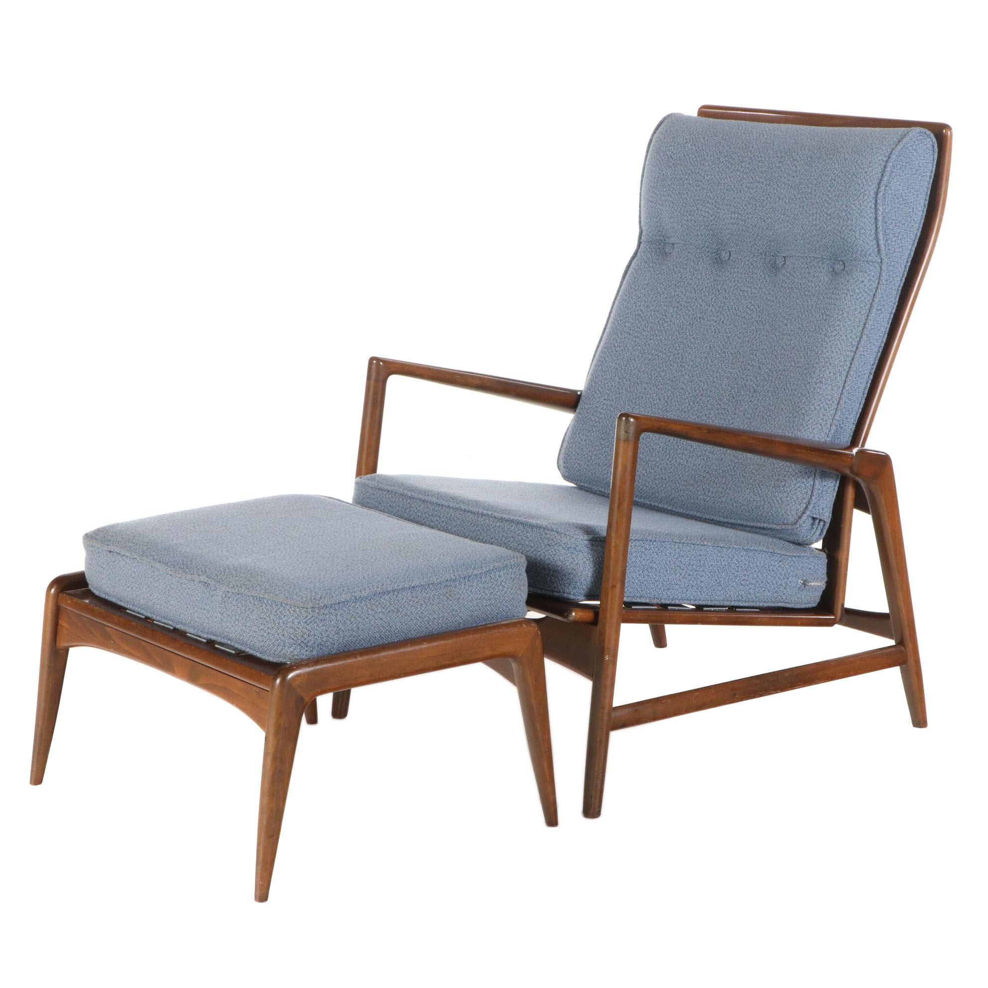 Ib Kofod-Larsen for Selig Danish Modern Reclining Lounge Chair with Ottoman