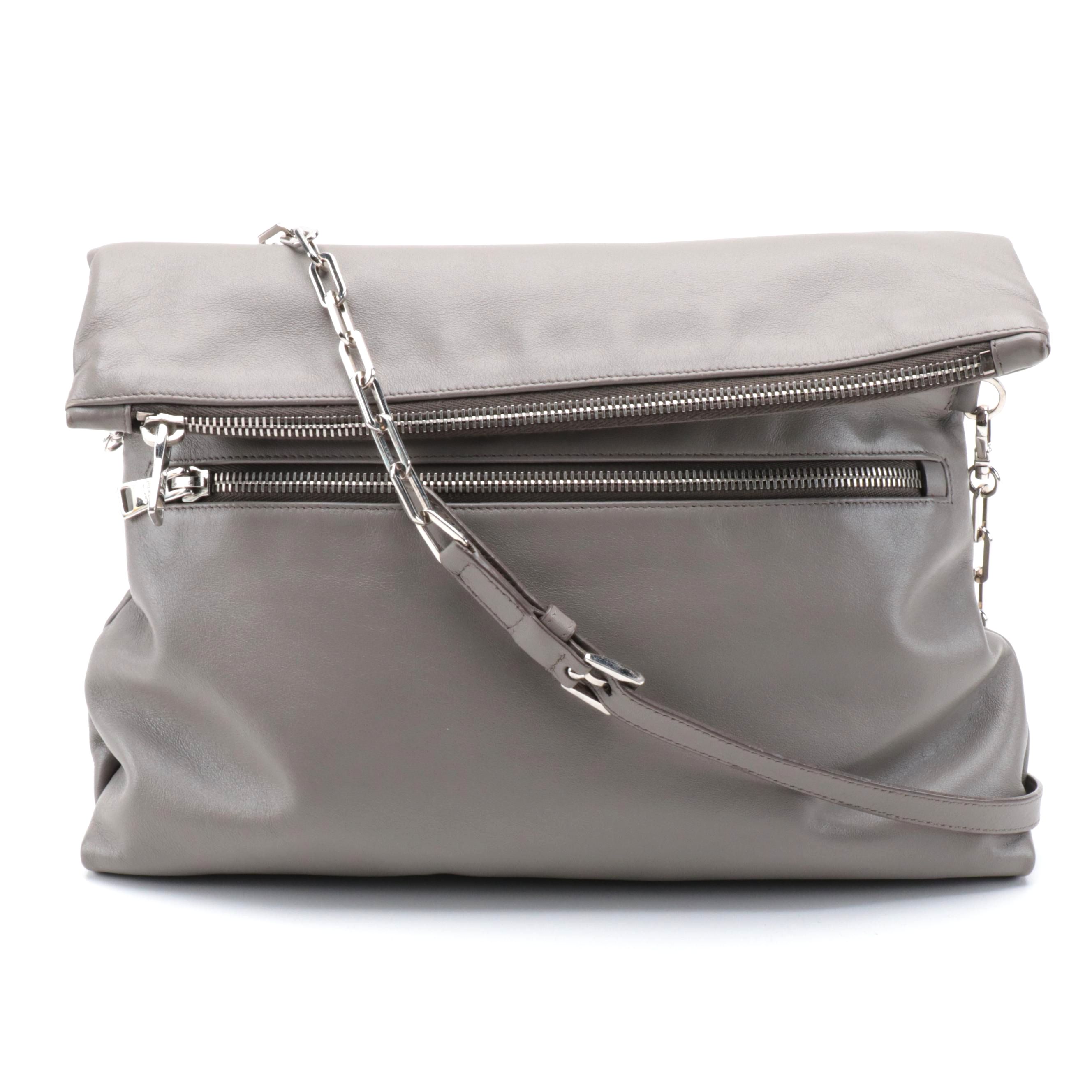 Prada Foldover Gray Leather Chain Strap Shoulder Bag
