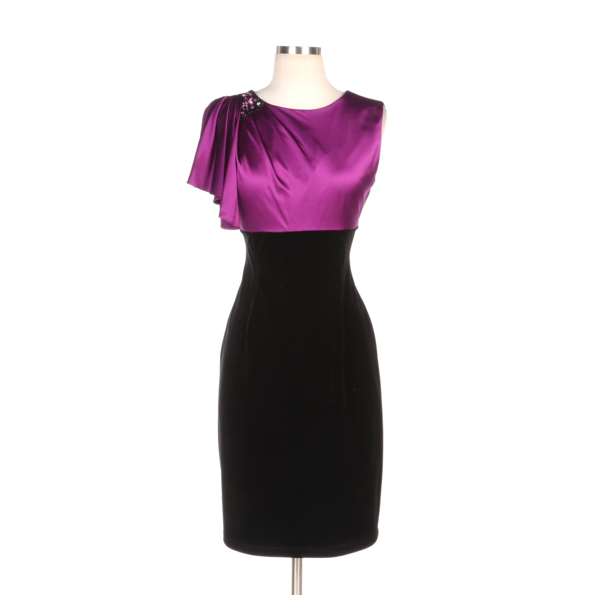 David Meister Purple Satin and Black Velveteen Cocktail Dress
