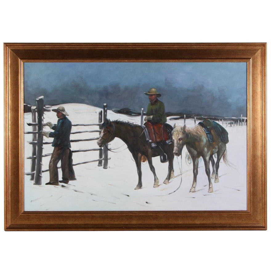 Oil Painting of Figures and Horses in Snow