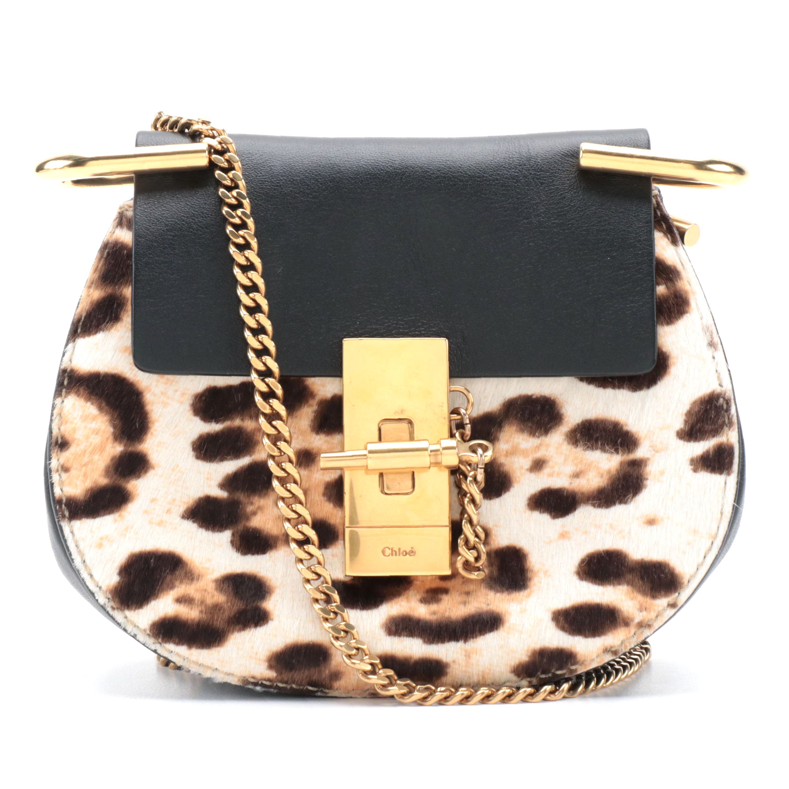 Chloé Drew Nano Crossbody Bag in Leopard Print Pony Hair and Black Leather