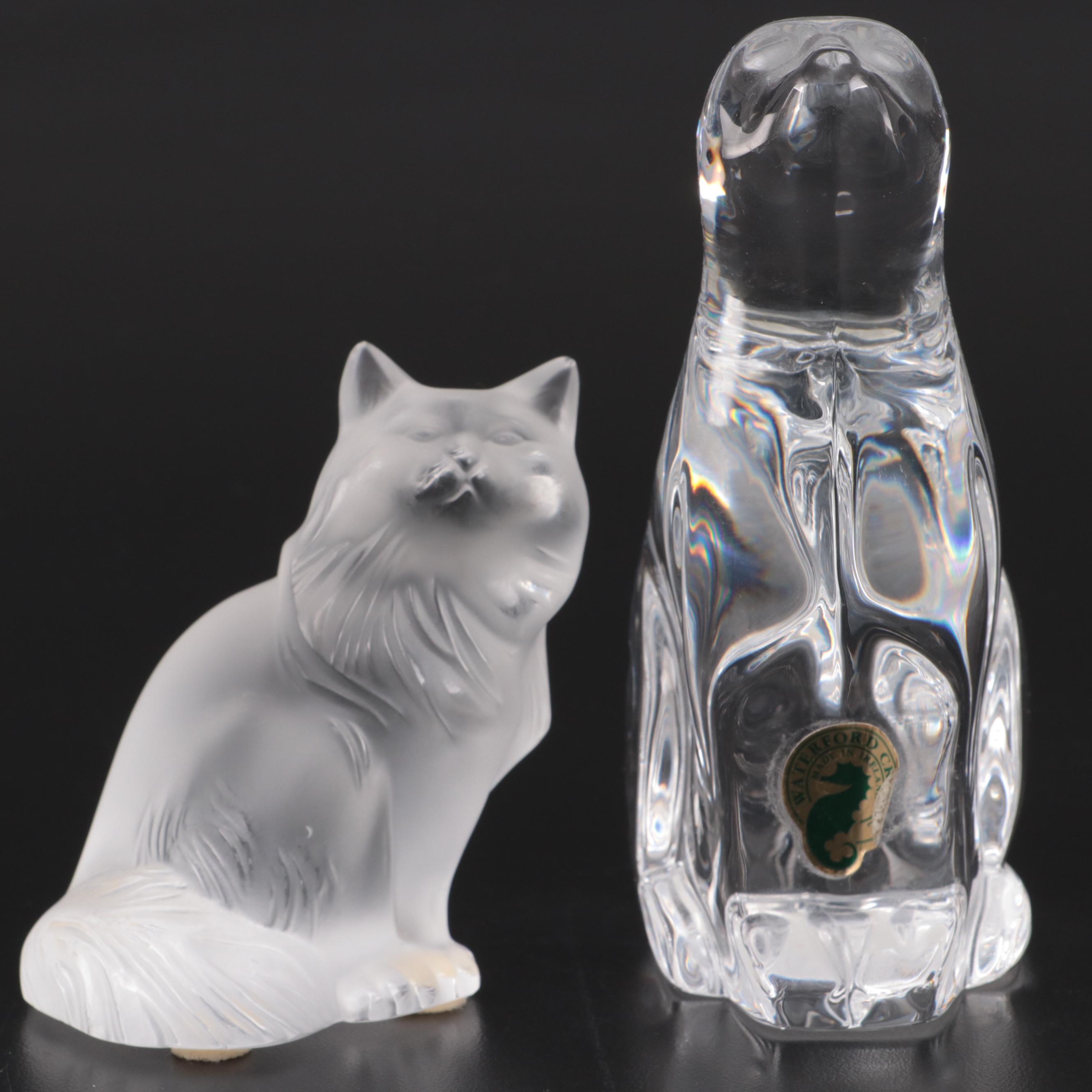 Lalique "Heggie" Figurine with Waterford Crystal "Cat Looking Up" Figurine