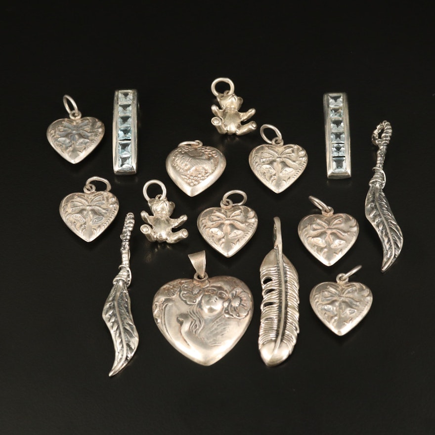 Sterling Pendants Including Topaz, Feather and Puff Heart Pendants